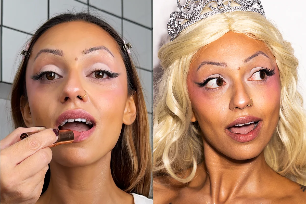 En tutorial som viser steg for steg hvordan man sminker seg til Glinda. Bildet viser en person med mørkt hår og en hvit topp, som bruker en hvit applikator for å påføre sminke. Personen har rosa hårklemmer og står mot en bakgrunn med hvite og svarte fliser. Et annet bilde viser samme person med blondt hår og en tiara, kledd i en rosa kjole, som det ferdige resultatet.