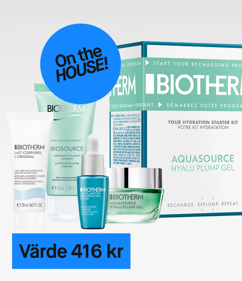 Biotherm Hydration Starter Kit med flera hudvårdsprodukter, inklusive Aquasource Hyalu Plump Gel, med ett värde av 416 kr. Gratis för medlemmar.