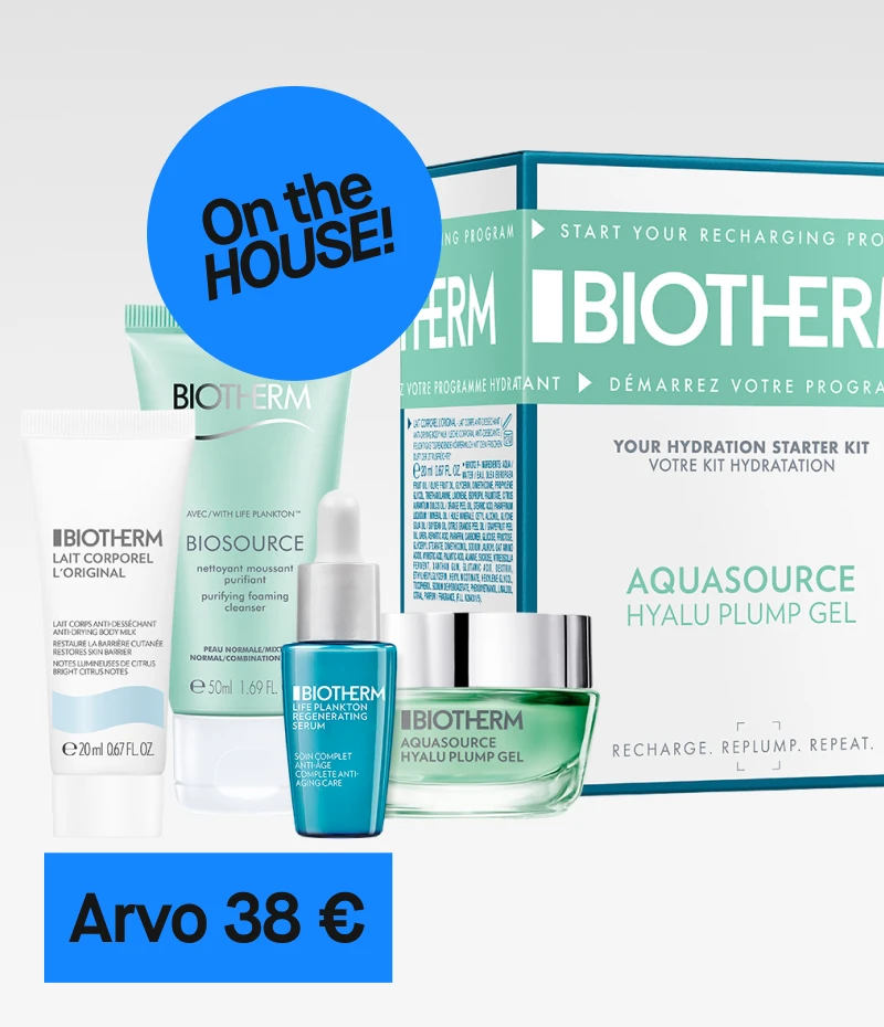 Biotherm Hydration Starter Kit, joka sisältää useita ihonhoitotuotteita, mukaan lukien Aquasource Hyalu Plump Gel, arvo 416 kr. Ilmaiseksi jäsenille.