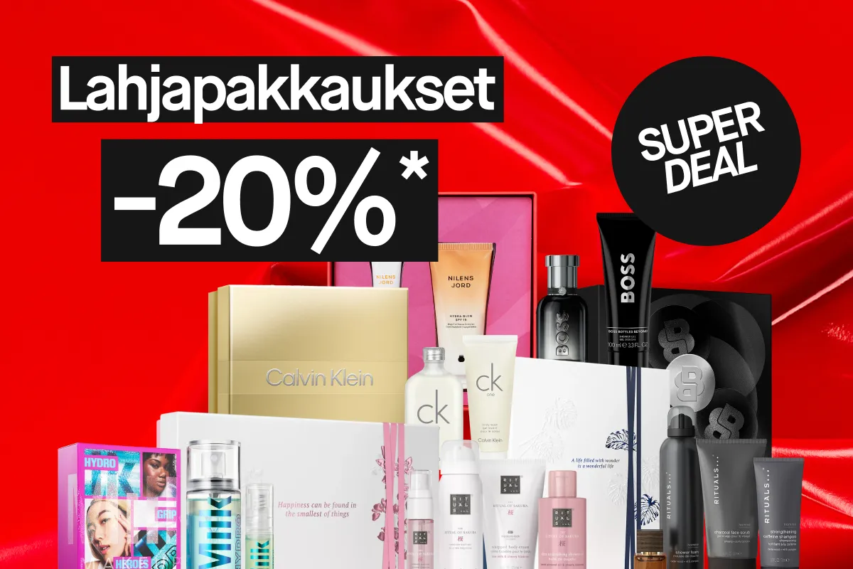 Joululahjapakkauksia ja lahjasettejä Ritualsilta, Calvin Kleiniltä, Nilens Jordilta, Milk Makeupilta ja Hugo Bossilta esitetään punaisella taustalla, tekstillä ”Julaskar 20%*” ja mustalla ”SUPER DEAL” -ympyrällä.