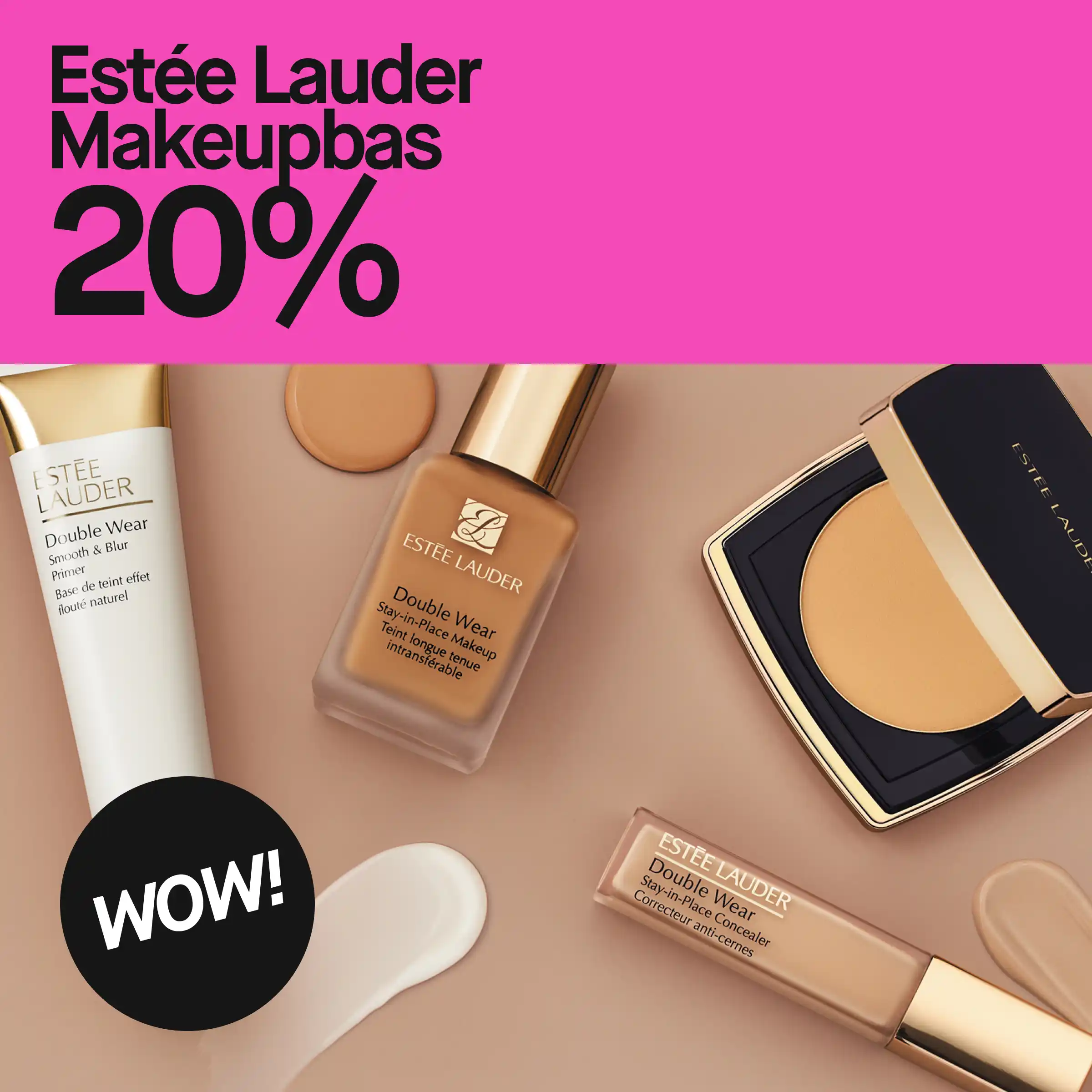 Estée Lauder sminkprodukter inklusive primer, foundation, concealer och puder, med en text som annonserar 20% rabatt.