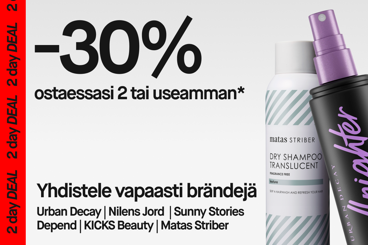 Kampanjakuva, jossa tekstit ”30 % ostaessasi 2 tai useampia” ja ”Yhdistä vapaasti Nilens Jord, Urban Decay, ACO, Depend, Matas Striber, Sunny Stories ja KICKS Beauty”, sekä ACO Gentle Cleanse Oil ja Urban Decay All Nighter Setting Spray vaalealla taustalla.