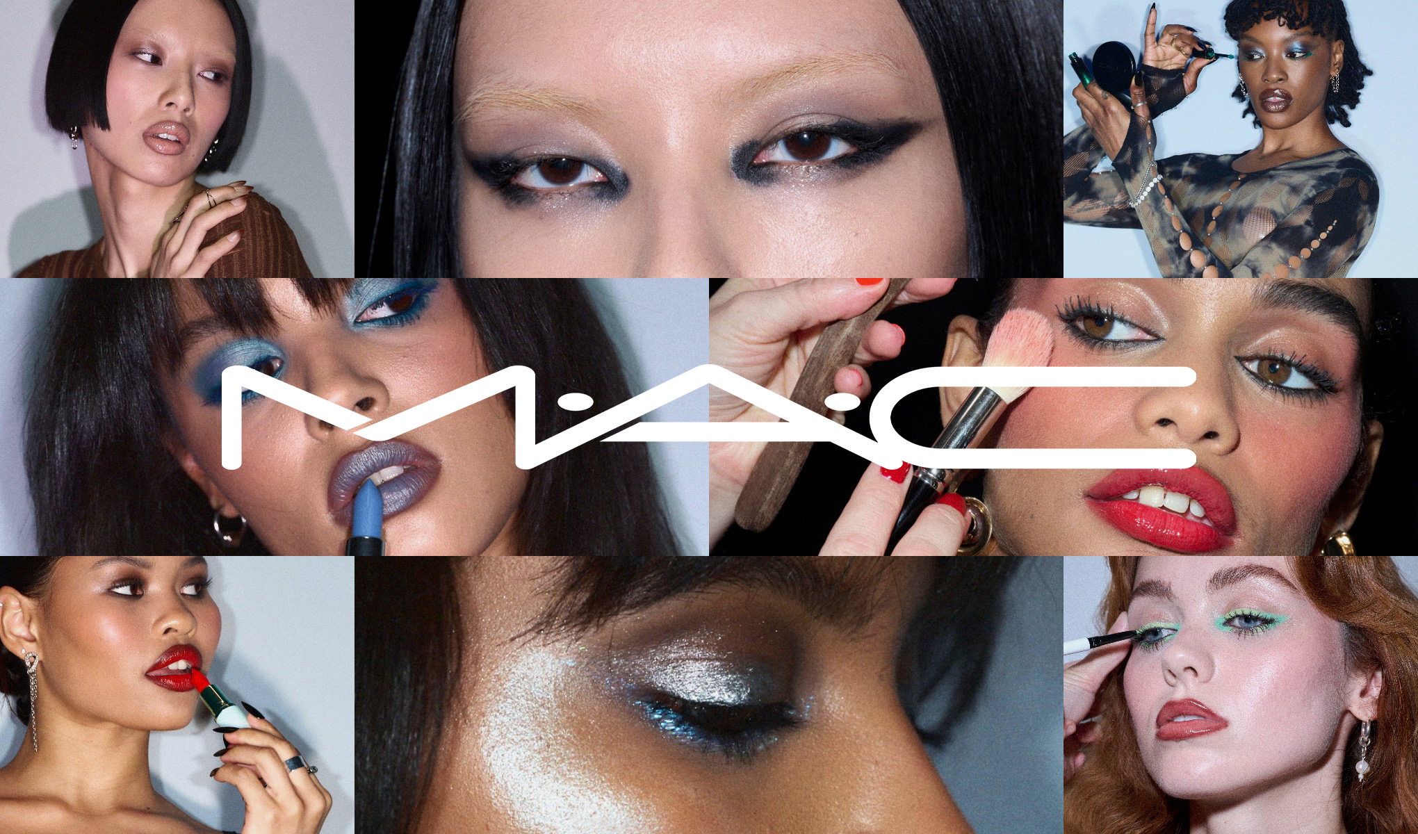 Erilaisia ihmisiä, jotka käyttävät meikkituotteita ja poseeraavat kameralle.