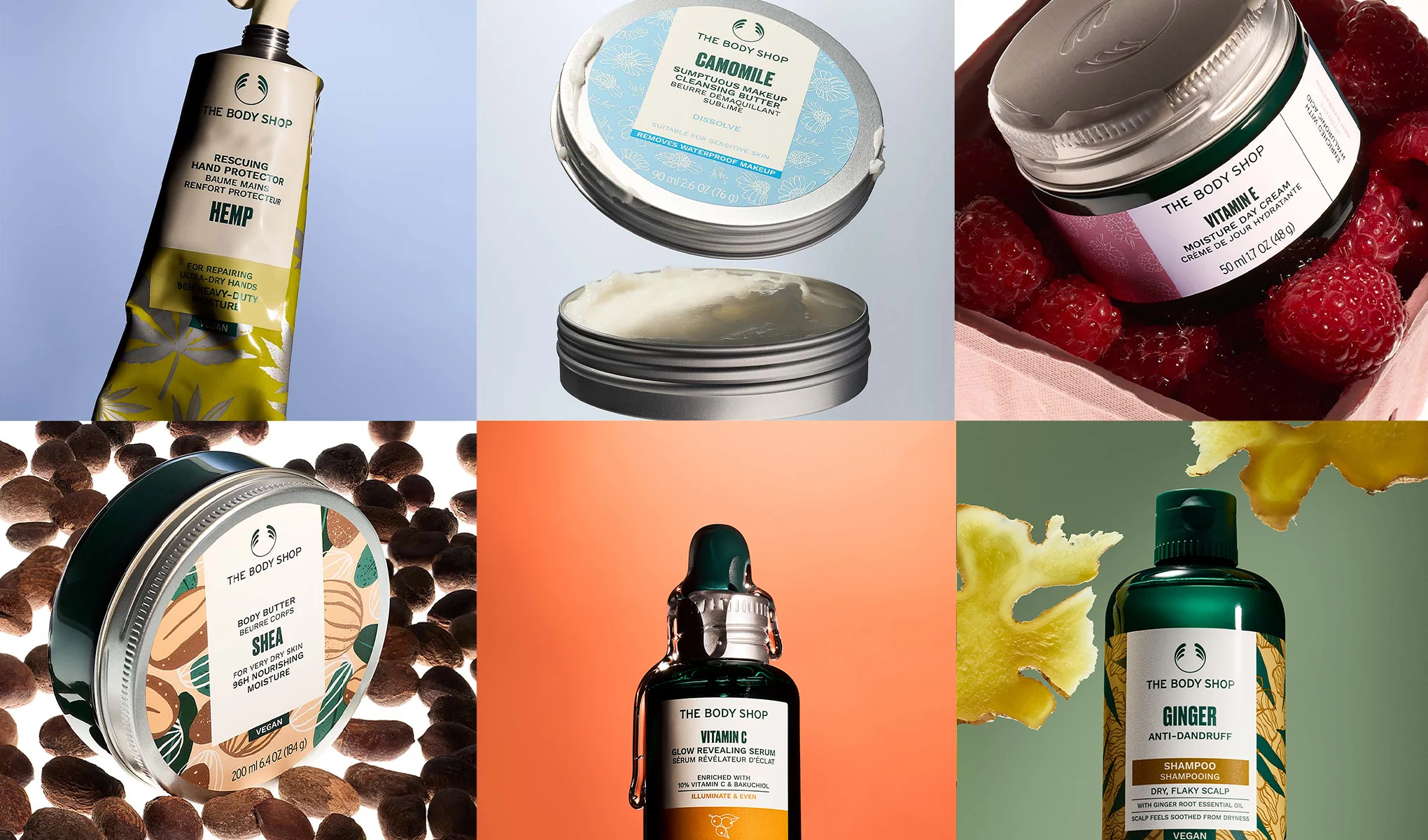 Seks produkter fra The Body Shop, som hamp håndkrem, kamille sminkefjerner og E-vitamin dagkrem.