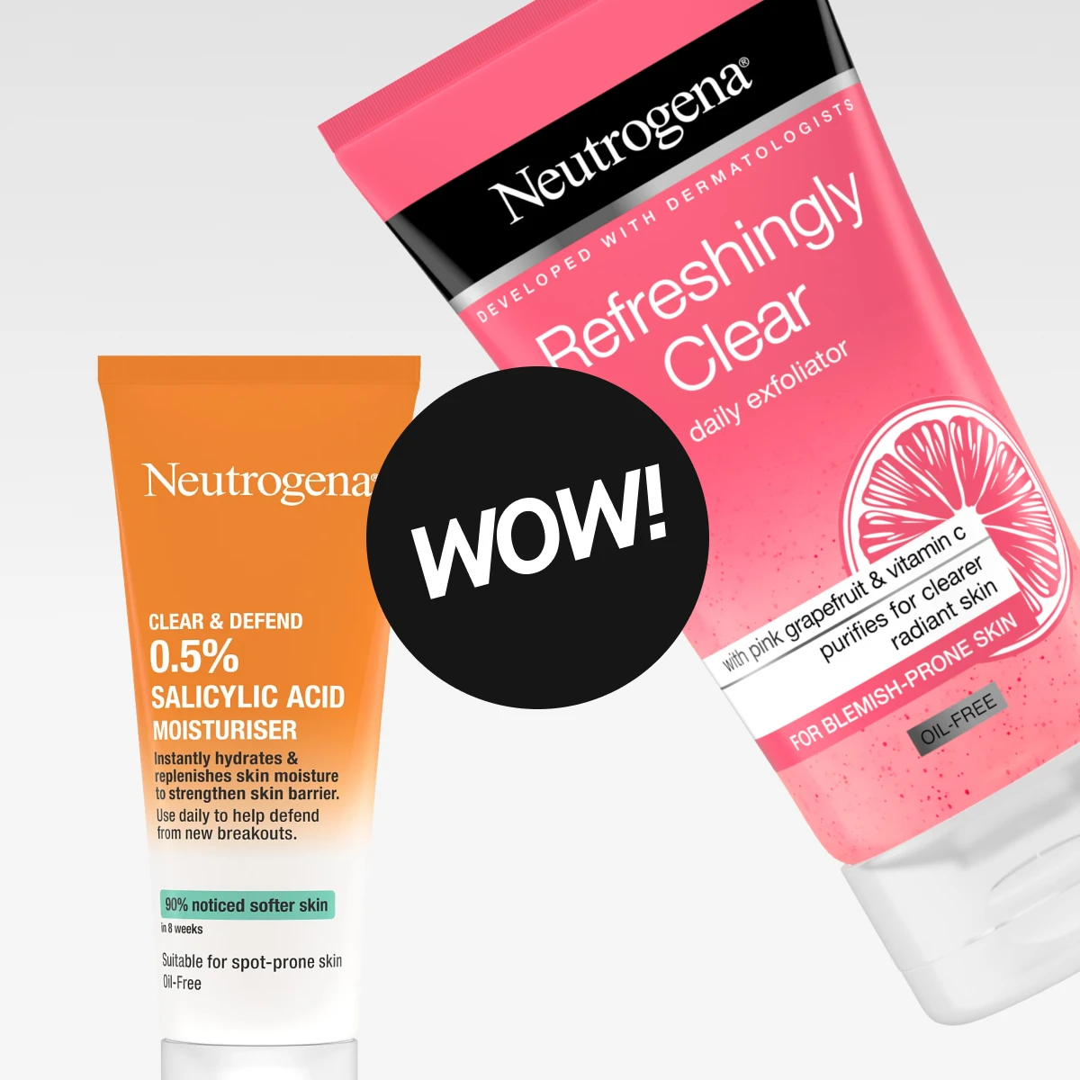 Bild som visar två produkter från Neutrogena: en rosa tub med Neutrogena Clear & Radiant Face Scrub och en orange tub med Neutrogena Clear & Defend 0.5% Salicylic Acid Moisturiser. Texten "WOW!" är synlig i en svart cirkel. Bakgrunden är vit.