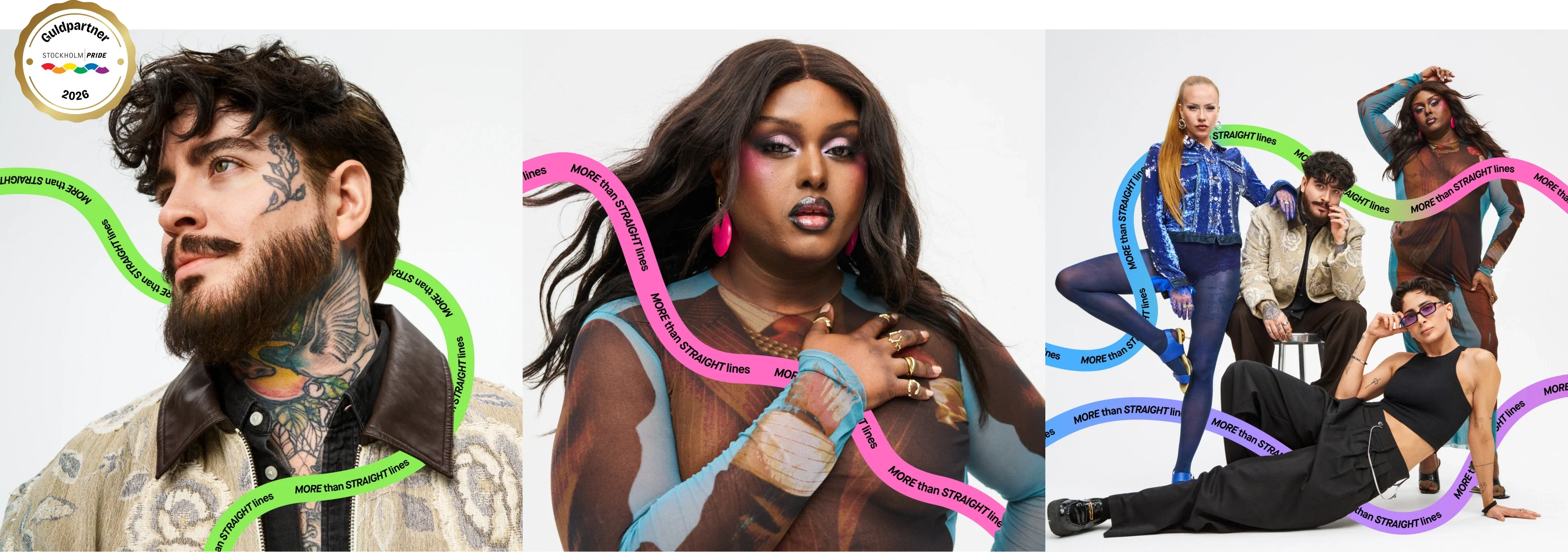 Kollage med tre bilder mot ljusgrå bakgrund och färgstarka grafiska linjer med texten “MORE than STRAIGHT lines”. Bilderna visar porträtt av personer i uttrycksfull makeup och modeplagg samt en gruppbild med fyra personer och märkningen “Guildpartner Stockholm Pride 2026”.