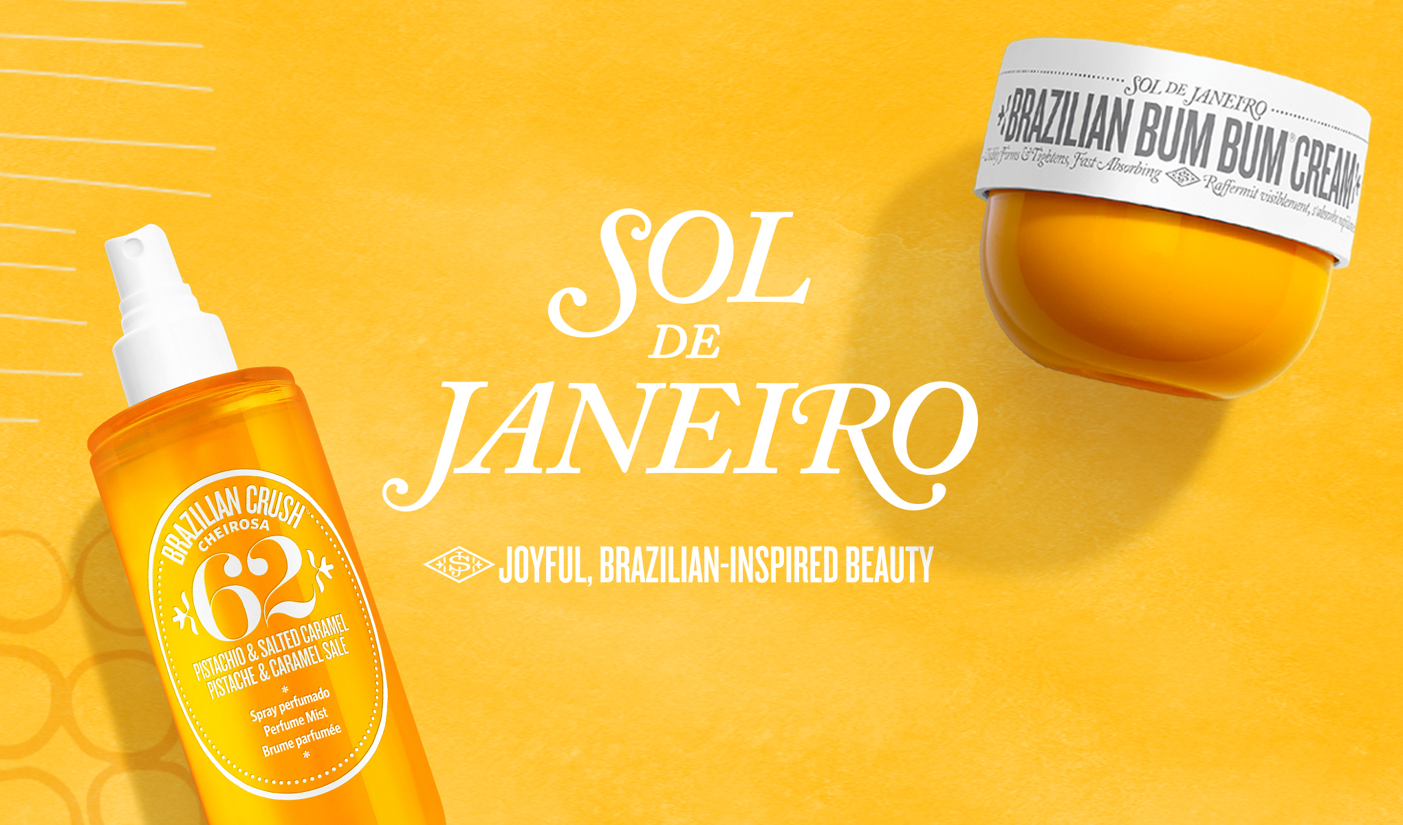 Keltainen suihkepullo ja keltainen tölkki keltaisella pohjalla. Kuvan keskellä on teksti ”Sol De Janeiro” ja ”Joyful, Brazilian-Inspired Beauty”.