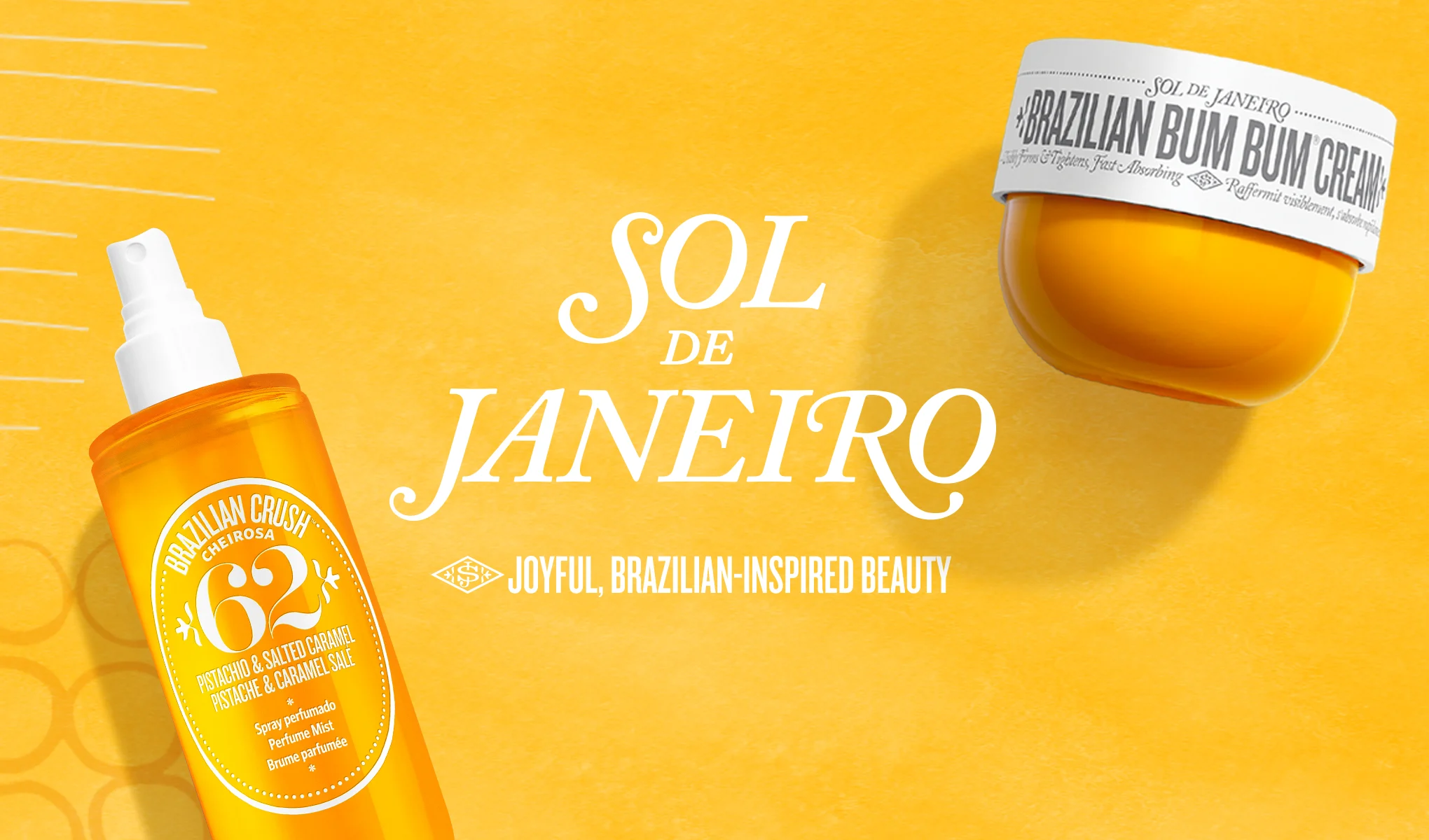 En gul sprayflaska och en gul burk placerade på en gul bakgrund. Texten "Sol De Janeiro" och "Joyful, Brazilian-Inspired Beauty" är placerad i mitten av bilden.