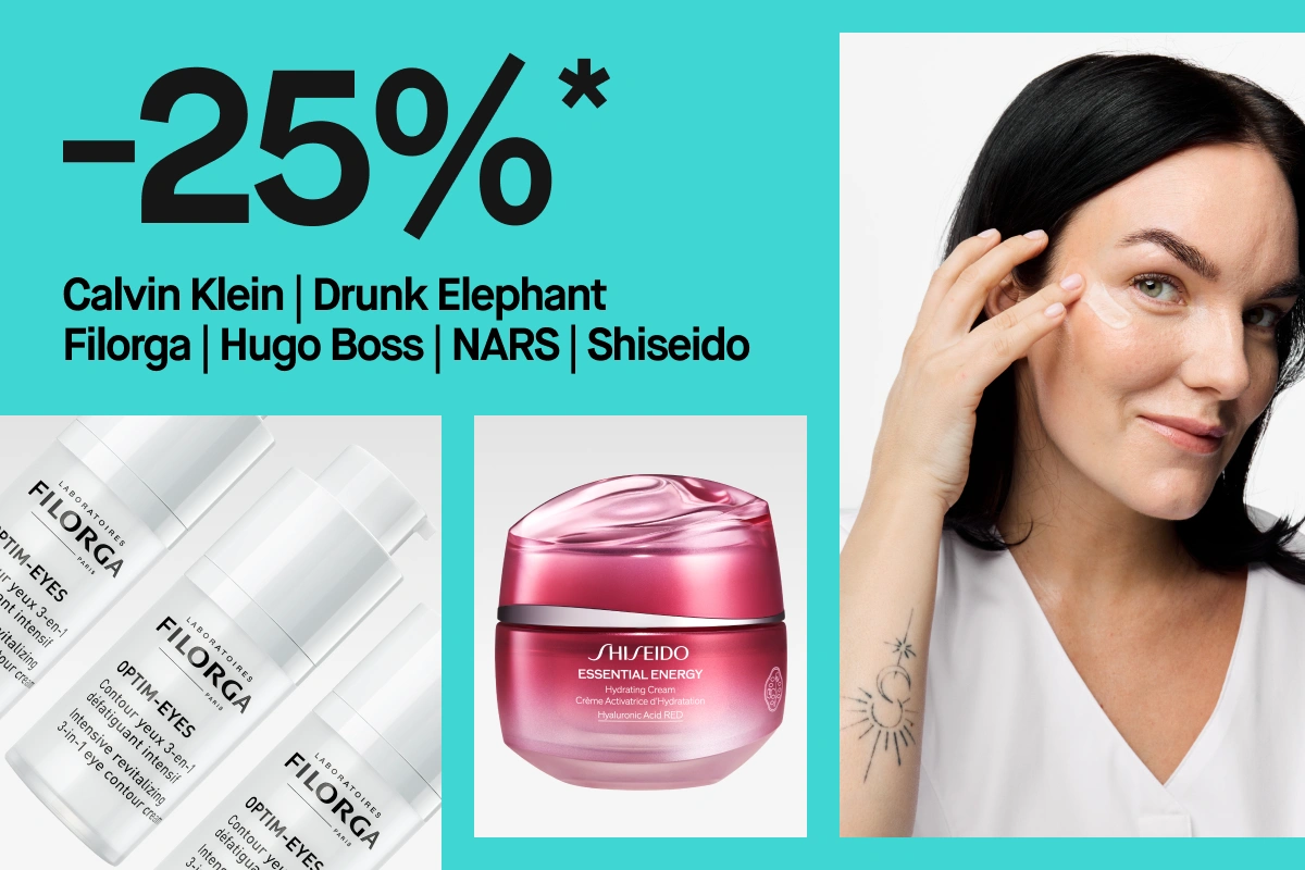 Turkoosi kampanjakuva tekstillä “-25%*” ja brändeillä “Calvin Klein | Drunk Elephant | Filorga | Hugo Boss | NARS | Shiseido”. Näkyvissä tuotteissa ovat Filorga Optim-Eyes -silmänympärysvoide ja Shiseido Essential Energy Hydrating Cream sekä henkilö levittämässä ihonhoitotuotetta silmän alle.