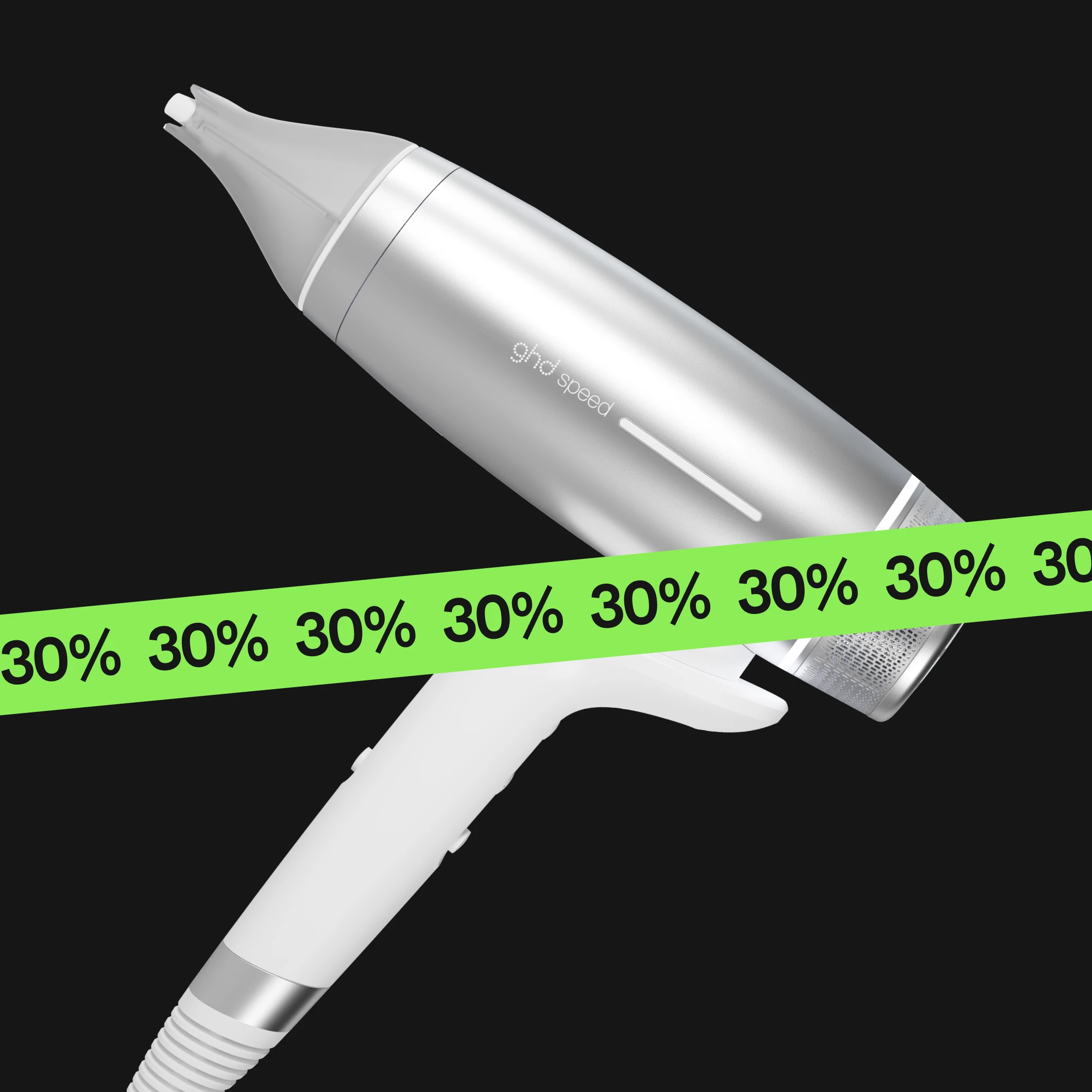 Sølvfarget ghd hårføner med munnstykke mot svart bakgrunn. Tekst i bildet: "KICKS CLUB", "ghd 25%*", "Member DEAL", "25%" gjentatt.