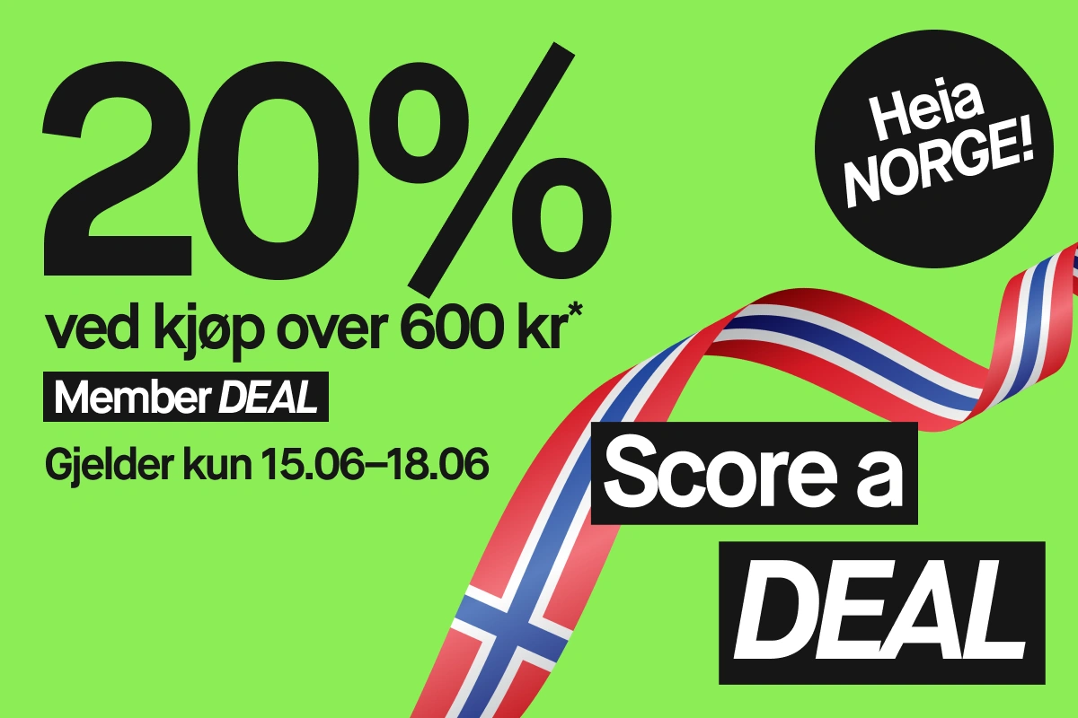 Grønn kampanjebanner med teksten "20% ved kjøp over 600 NOK*", "Member DEAL", "4 day DEAL" og "Gjelder 15–18/6". Svarte diagonale bånd med teksten "BUTIK & ONLINE!" fremhever et medlemstilbud innen skjønnhet som gjelder både i butikk og på nett.