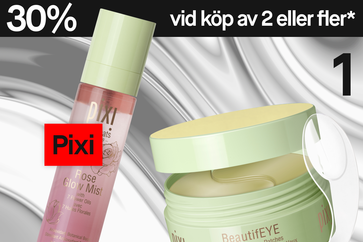 Reklambild med 30 % rabatt vid köp av två Pixi-produkter. I bilden syns Pixi Rose Glow Mist i rosa flaska och Pixi BeautifEYE Eye Patches i grön burk mot en silverfärgad bakgrund.