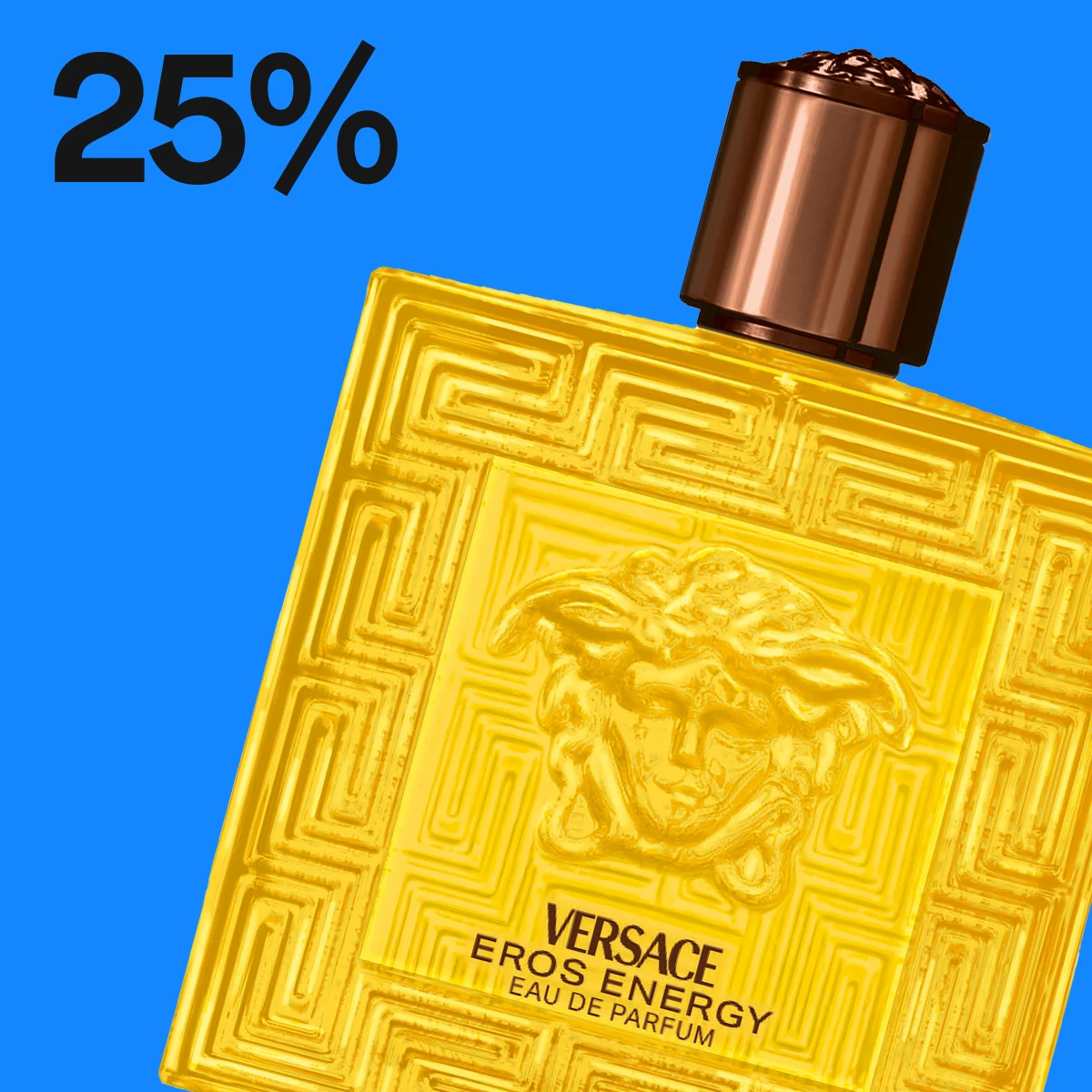 Versace Eros Energy parfymeflaske med teksten 20% rabatt, mot en blå bakgrunn.