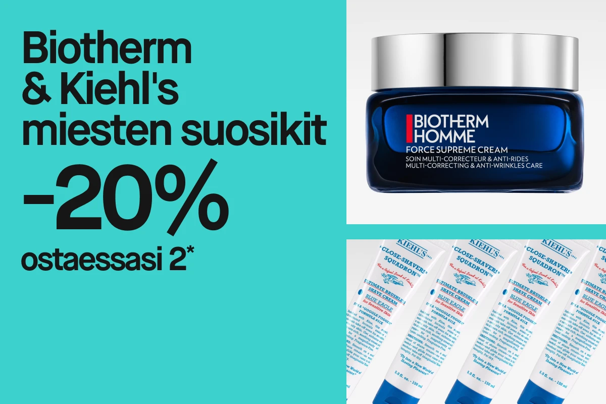 Kuva, joka näyttää mainoksen kampanjasta, jossa on 20% alennus kahden Biotherm ja Kiehl's miesten suosikkituotteen ostosta. Sininen purkki Biotherm Homme Force Supreme Cream ja useita tuubeja Kiehl's Ultimate Brushless Shave Cream Blue Eagle for Sensitive Skin ovat näkyvissä. Tausta on turkoosi.