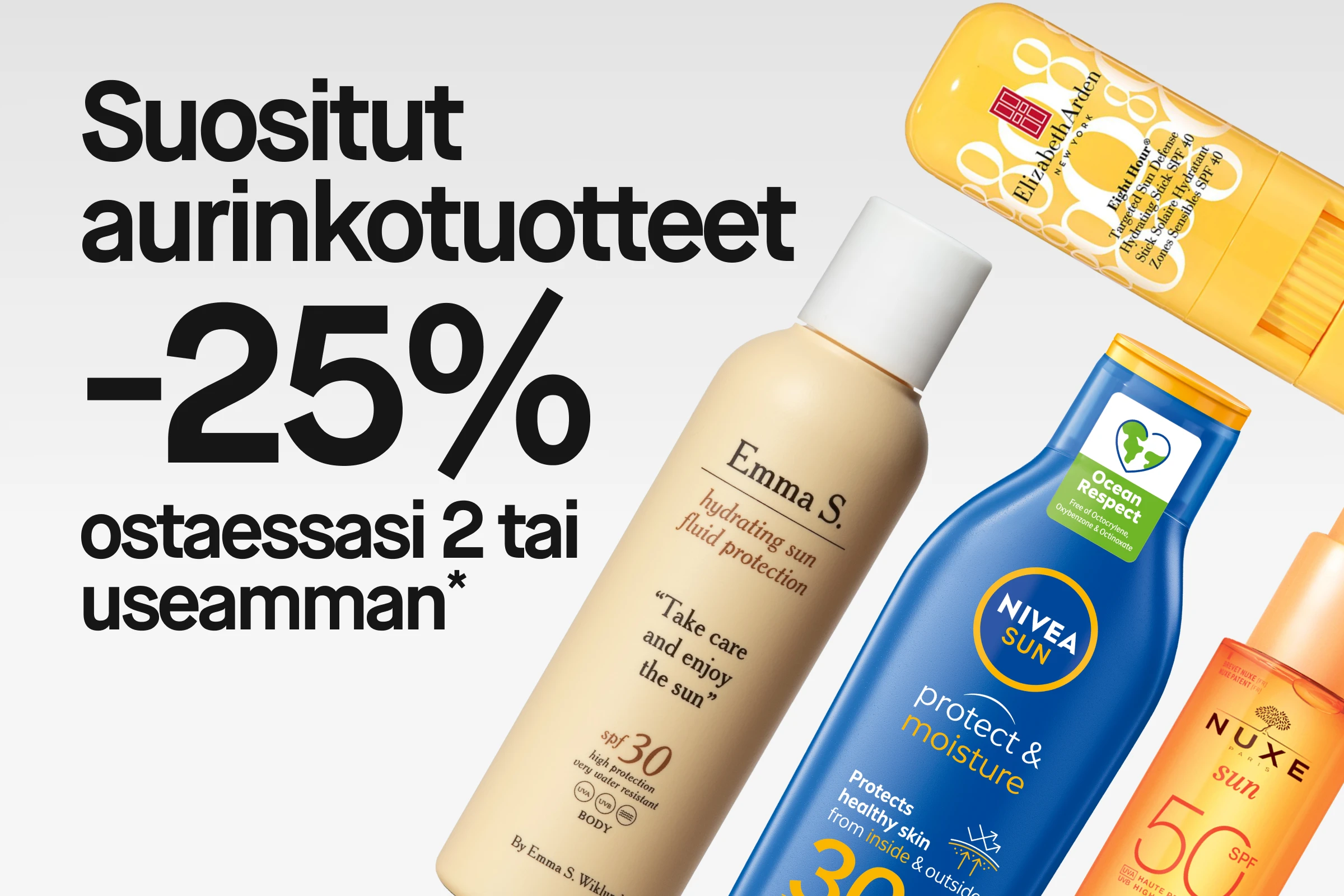 Teksti “Populära solprodukter 25% vid köp av 2 eller fler*” näkyy yhdessä Emma S., NIVEA Sun ja NUXE Sun SPF 50 -aurinkosuojien kanssa.