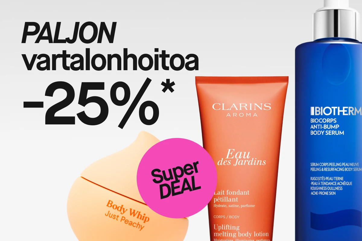 Kampanjakuva, jossa teksti ”Vartalonhoito 25 %*”, vaaleanpunainen ympyrä ”Super DEAL”, sekä Body Whip Just Peachy ja Clarins Aroma Eau des Jardins -vartalovoide.  Bild 4
