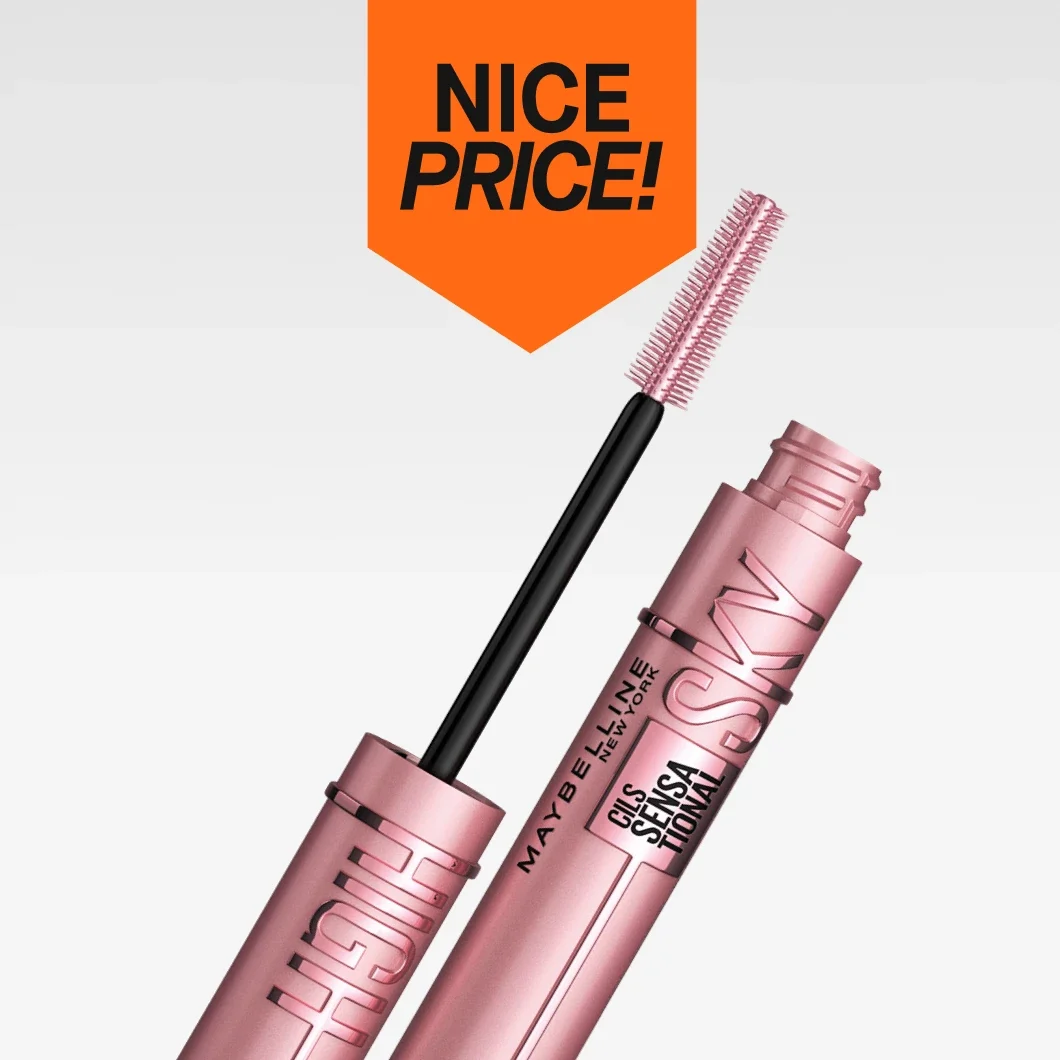 Maybelline Lash Sensational Sky High -ripsiväri avattuna, harja näkyvissä, oranssi Nice Price -merkintä yläpuolella.