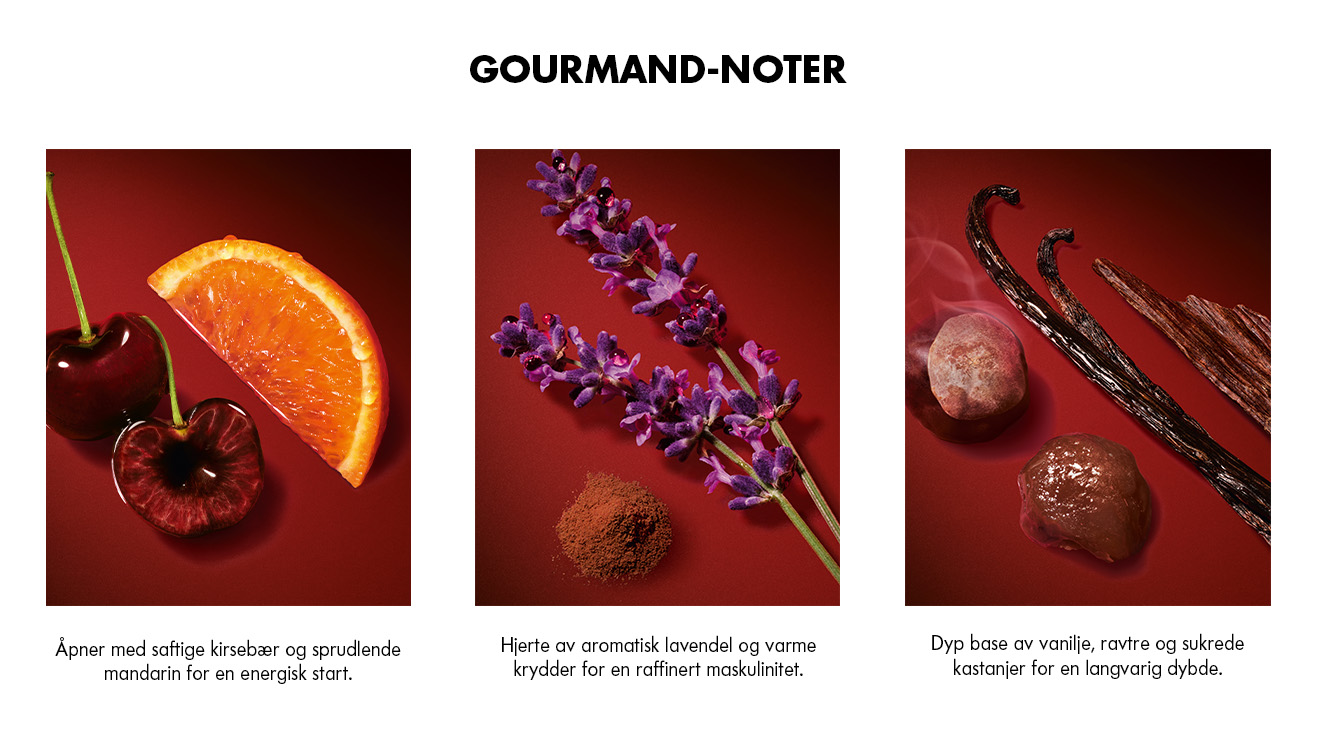 GOURMAND-NOTER  Åpner med saftige kirsebær og sprudlende mandarin for en energisk start.  Hjerte av aromatisk lavendel og varme krydder for en raffinert maskulinitet.  Dyp base av vanilje, ravtre og sukrede kastanjer for en langvarig dybde.