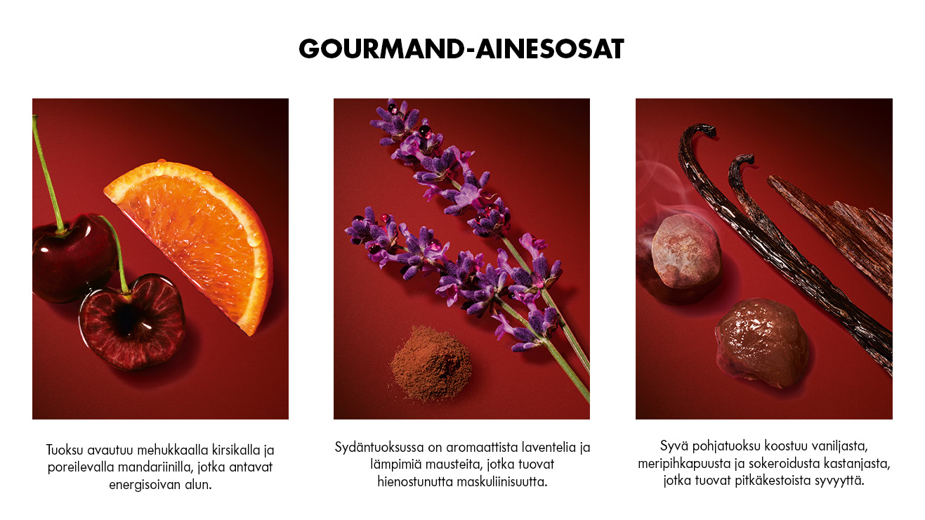 GOURMAND-AINESOSAT  Tuoksu avautuu mehukkaalla kirsikalla ja poreilevalla mandariinilla, jotka antavat energisoivan alun.  Sydäntuoksussa on aromaattista laventelia ja lämpimiä mausteita, jotka tuovat hienostunutta maskuliinisuutta.  Syvä pohjatuoksu koostuu vaniljasta, meripihkapuusta ja sokeroidusta kastanjasta, jotka tuovat pitkäkestoista syvyyttä.
