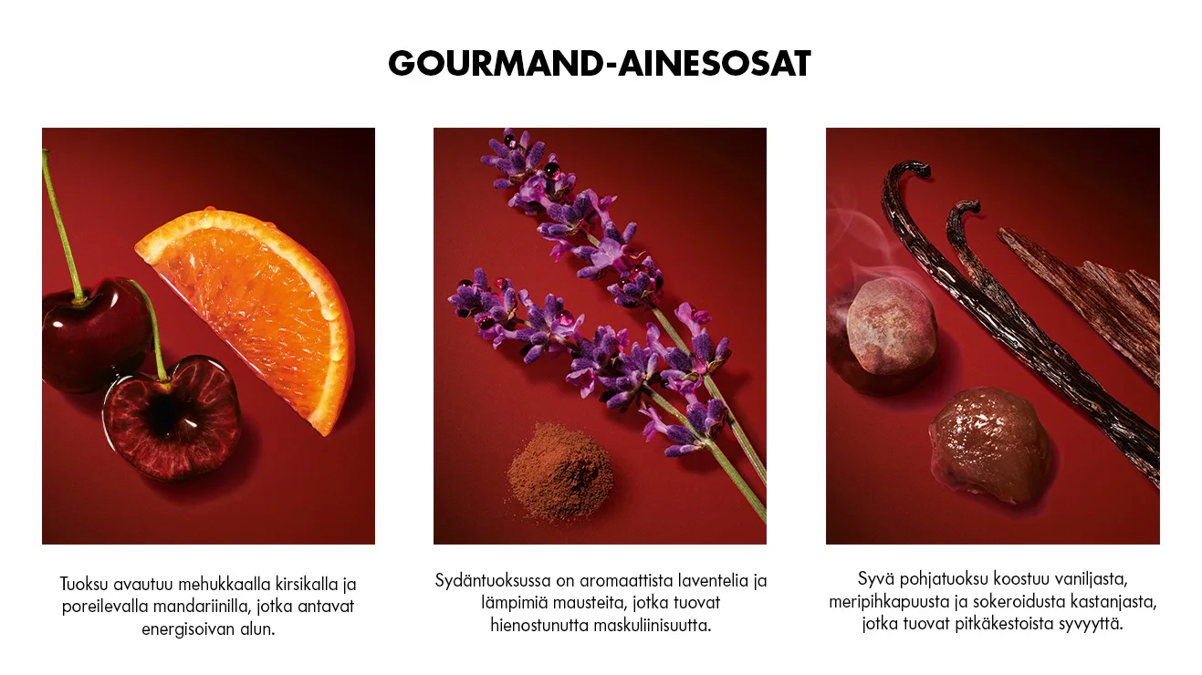 GOURMAND-AINESOSAT  Tuoksu avautuu mehukkaalla kirsikalla ja poreilevalla mandariinilla, jotka antavat energisoivan alun.  Sydäntuoksussa on aromaattista laventelia ja lämpimiä mausteita, jotka tuovat hienostunutta maskuliinisuutta.  Syvä pohjatuoksu koostuu vaniljasta, meripihkapuusta ja sokeroidusta kastanjasta, jotka tuovat pitkäkestoista syvyyttä.