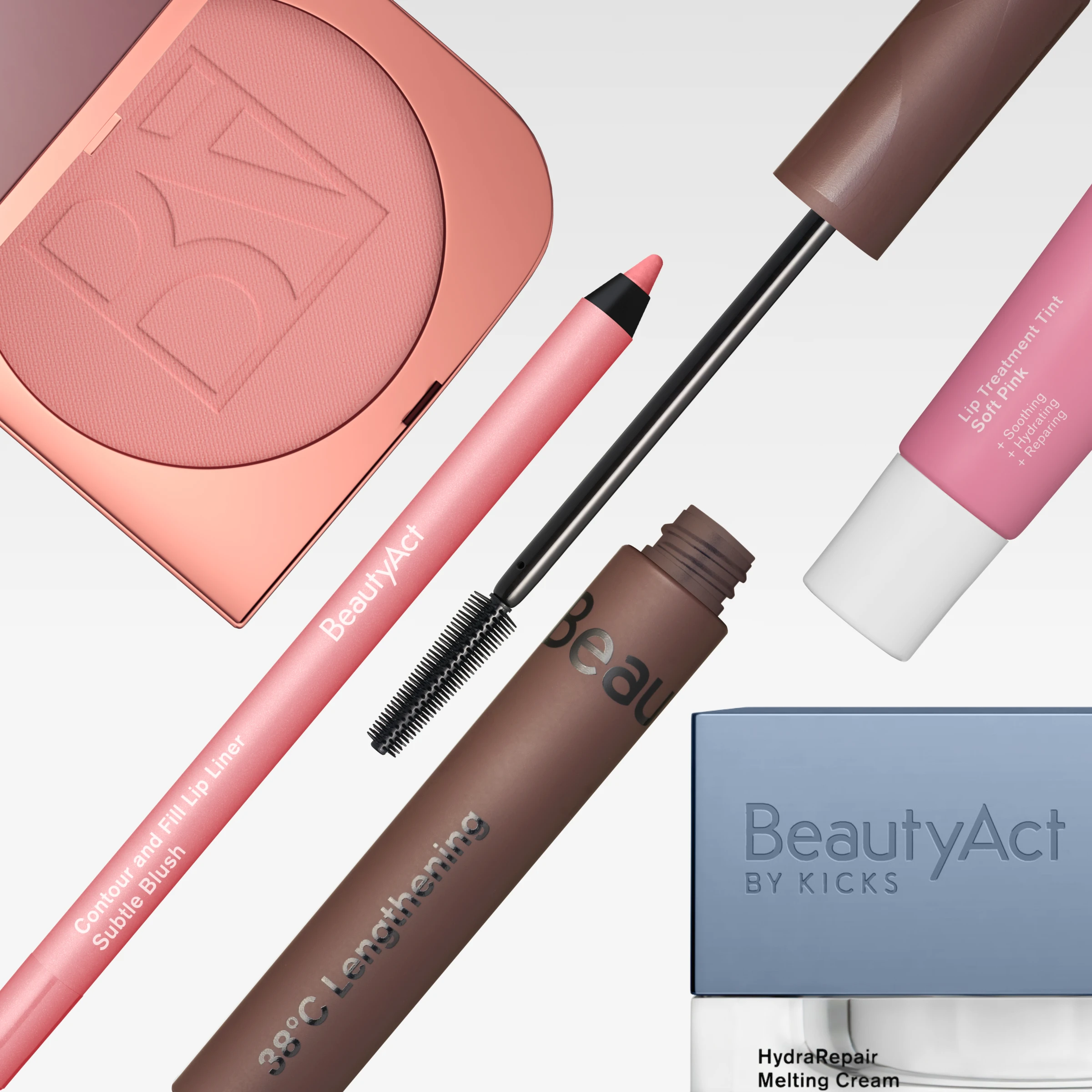 BeautyAct-sminkprodukter visas mot ljusgrå bakgrund, inklusive rouge, läppenna, mascara, läppbehandling och ansiktskräm. Synlig text inkluderar “Contour and Fill Lip Liner Subtle Blush”, “38°C Lengthening Mascara”, “Lip Treatment Tint Soft Pink” och “HydraRepair Melting Cream”.