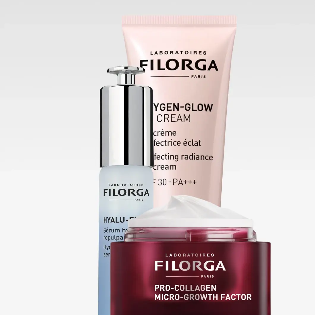 Tre Filorga hudvårdsprodukter: Oxygen-Glow Cream, Hyalu-C Serum och Pro-Collagen Micro-Growth Factor.