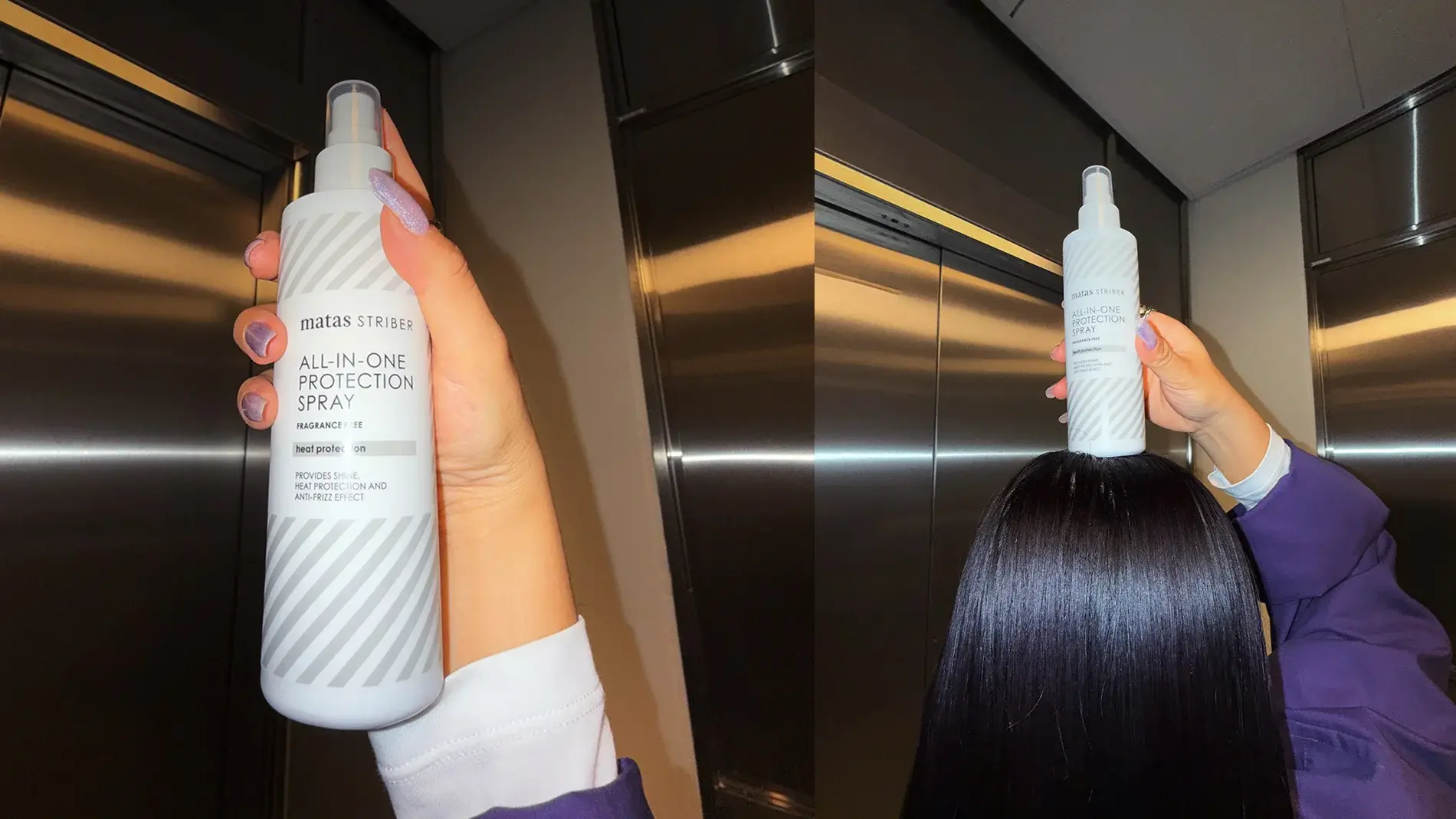 Lähikuva Matas Striber All-In-One Protection Spray -pullosta kädessä sekä kuva pullosta tasapainossa kiiltävän, tumman hiuksen päällä hississä.