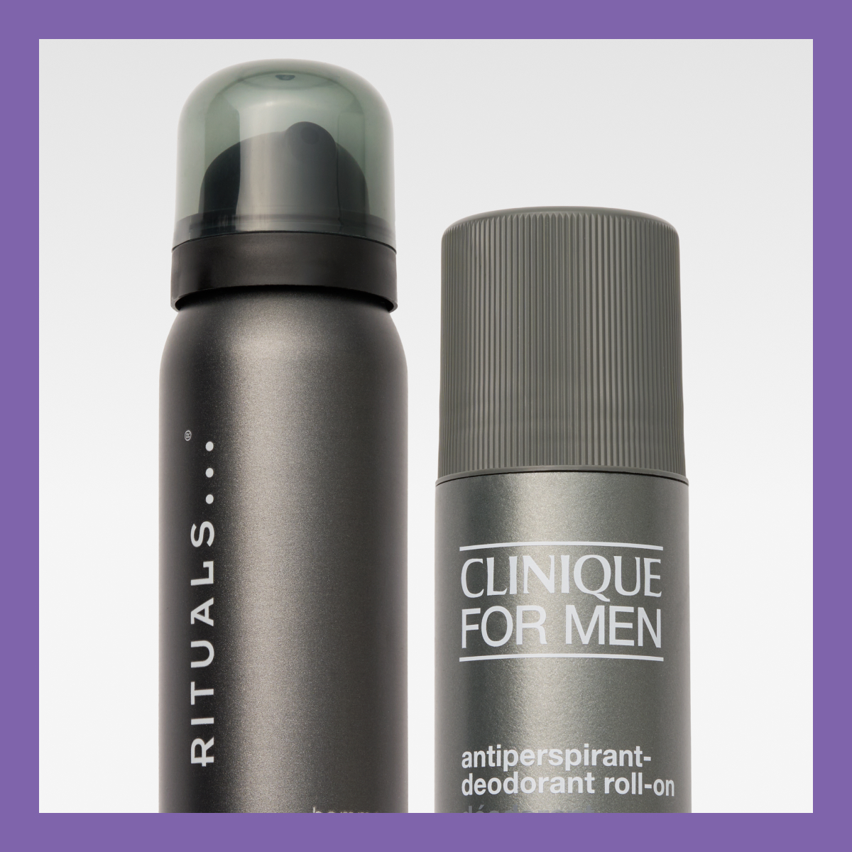 Två deodoranter, en från Rituals och en från Clinique For Men, båda i grå förpackning. Bilden är omgiven av en lila ram.