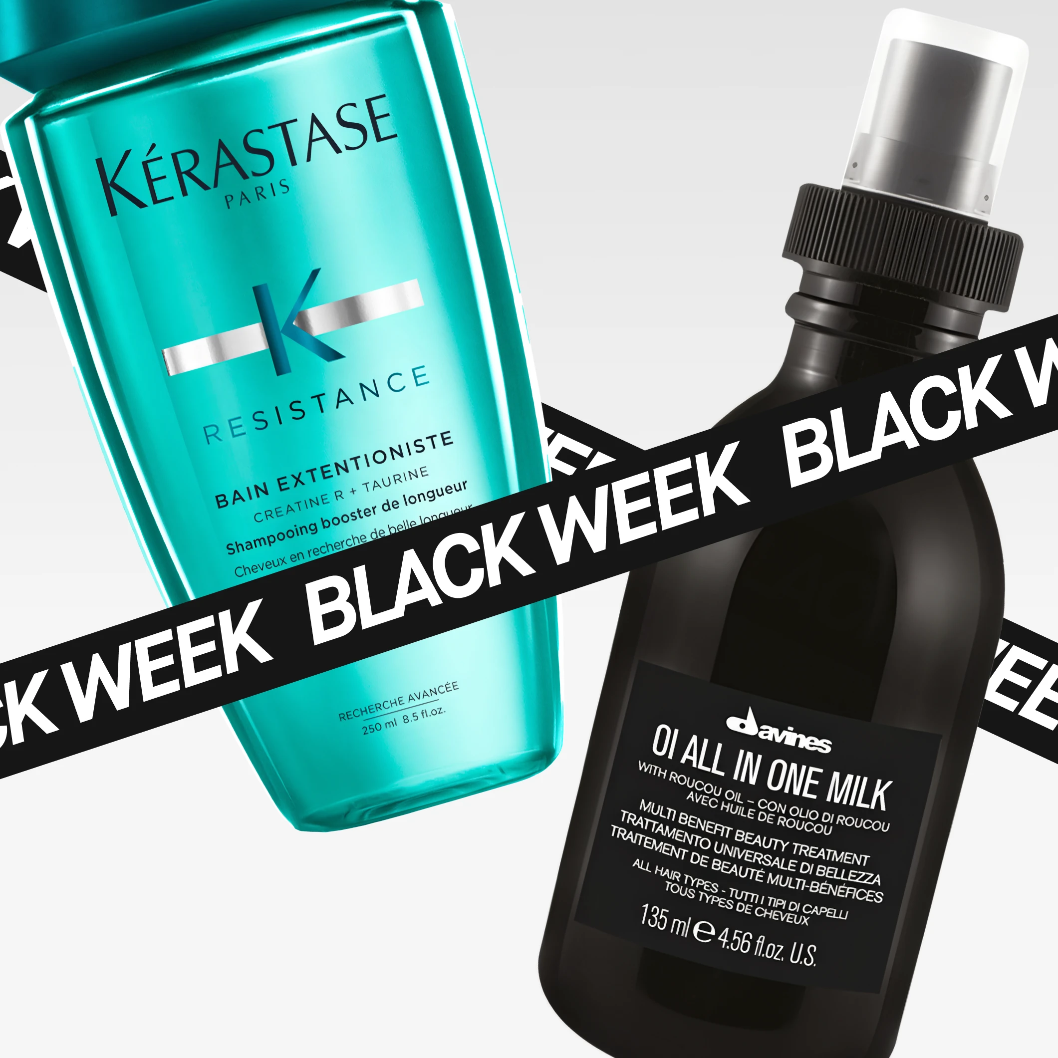 Kaikki hiustuotteet 25 % alennuksella jäsenille Black Weekin aikana. Kuvassa näkyy Kérastase ja Davines hiustuotteita.