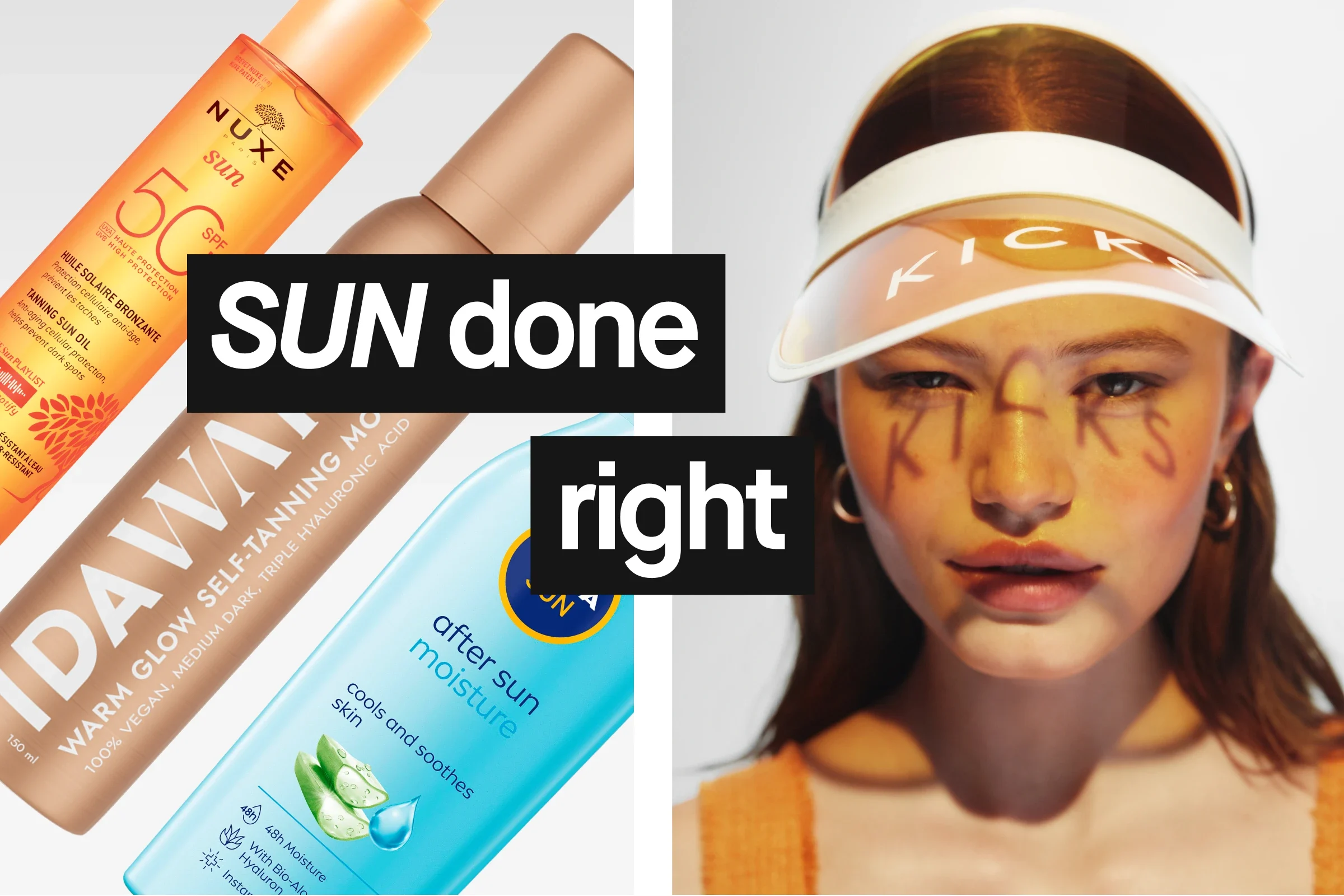 Solskydds- och brun-utan-solprodukter från NUXE Sun SPF 50, IDA WARG Warm Glow Self-Tanning Mousse och NIVEA After Sun Moisture visas mot ljus bakgrund. Svart text i bilden lyder: ”SUN done right”.