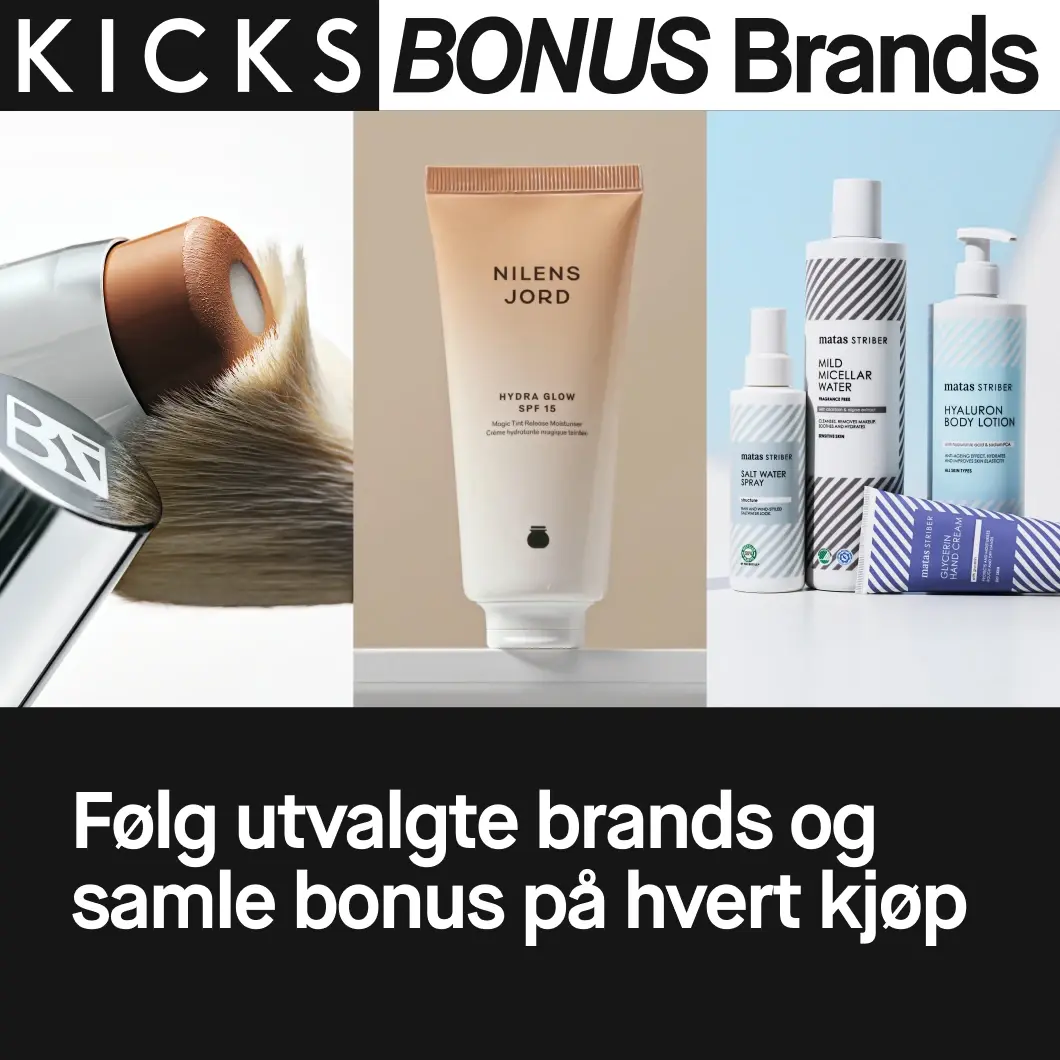 Bilde for KICKS Bonus Brands med sminkekost, Nilens Jord-produkt og Matas Striber-produkter. Tekst: «Følg utvalgte brands og samle bonus på hvert kjøp».