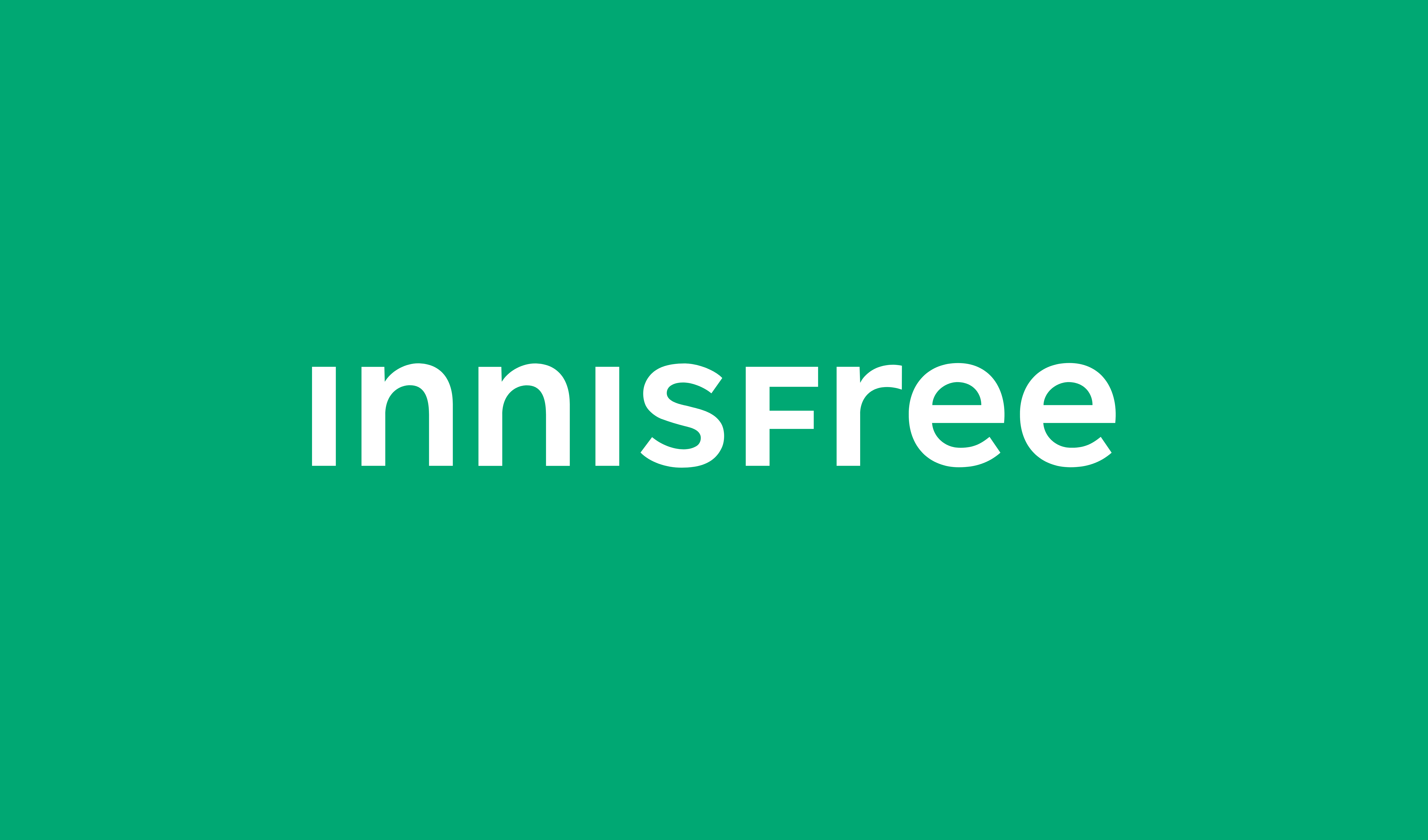 Innisfree-logo valkoisella tekstillä vihreällä taustalla.