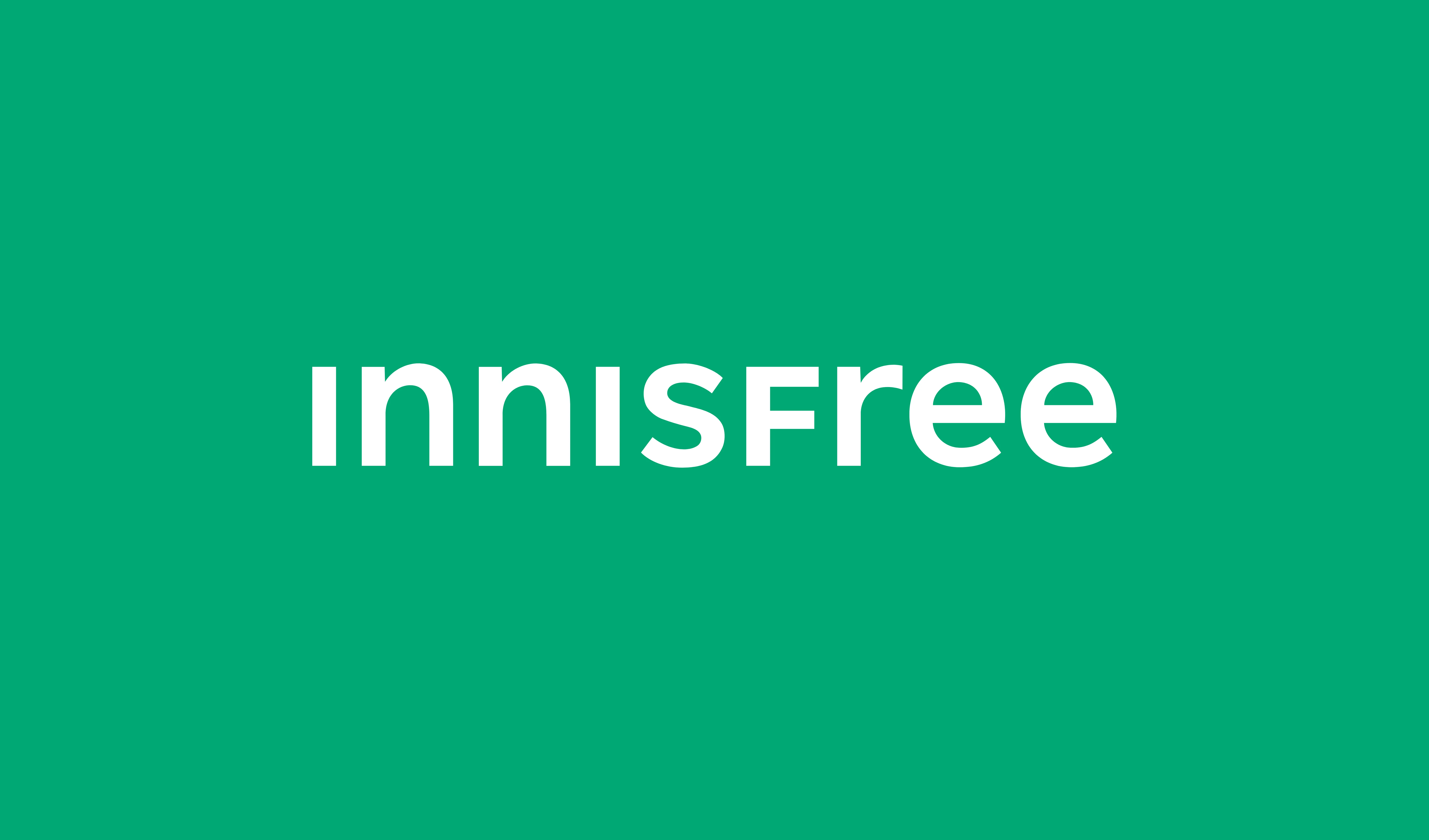 Innisfree-logo valkoisella tekstillä vihreällä taustalla.