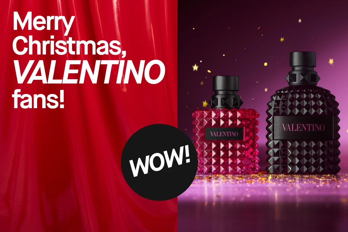Bilde som viser to Valentino parfymer. Teksten "Merry Christmas, VALENTINO fans!" og "WOW!" er synlige. Bakgrunnen er rød med lilla detaljer.