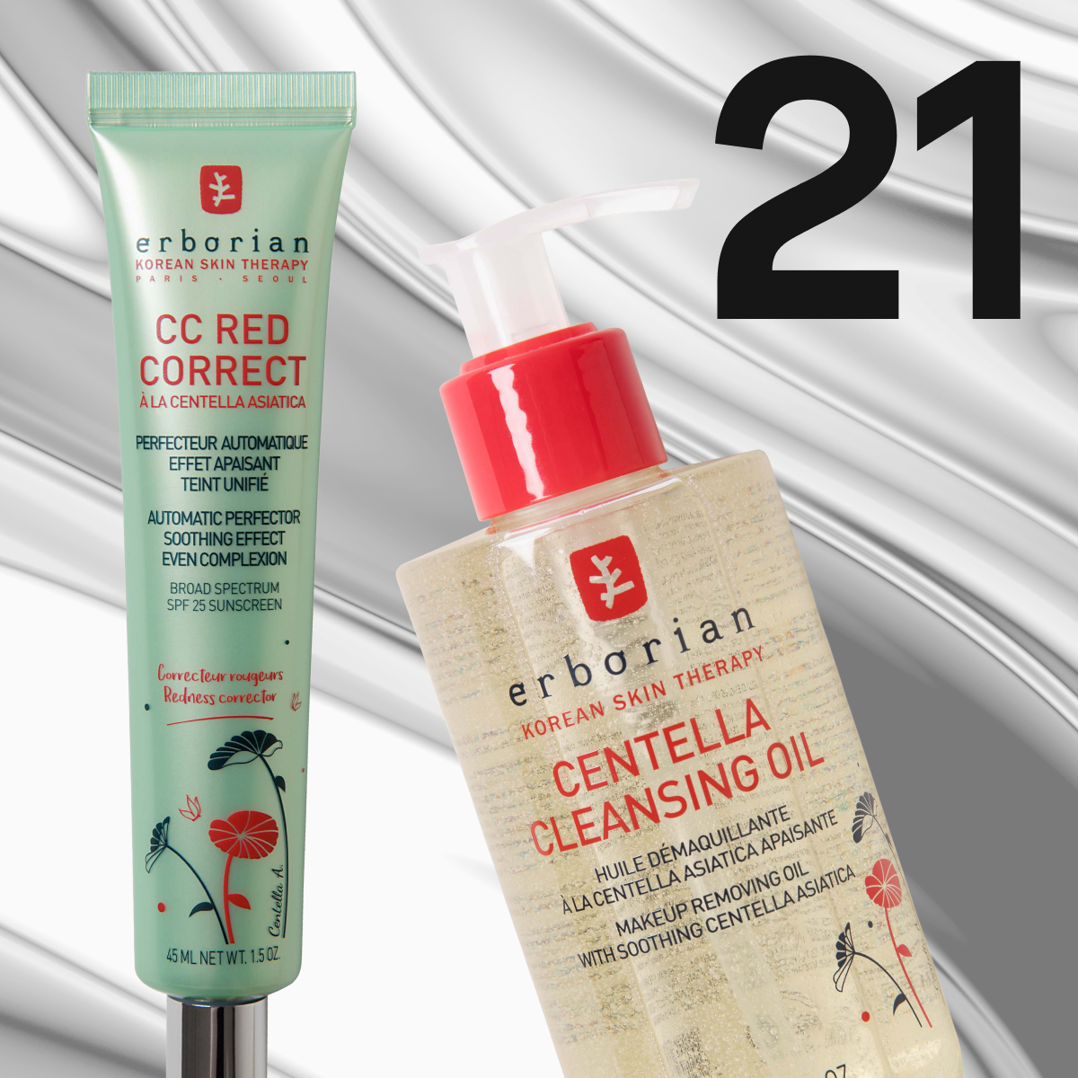 Två hudvårdsprodukter från Erborian i gröna och transparenta förpackningar med röda detaljer mot metallisk bakgrund.