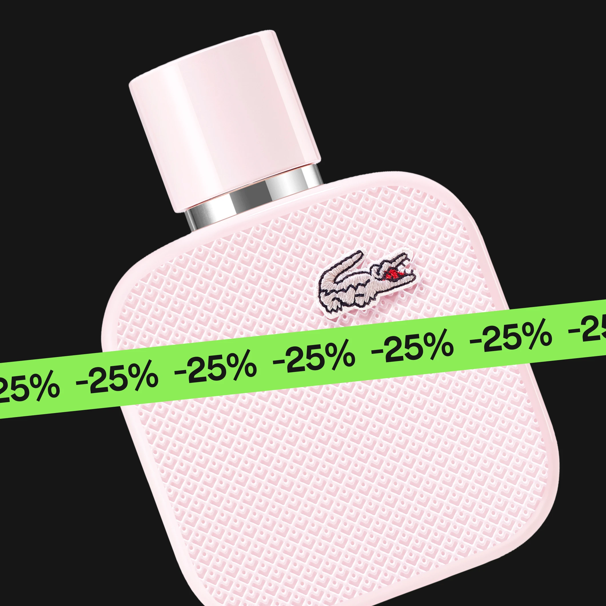 Lacoste-hajuvesipullo vaaleanpunaisena krokotiililogolla mustaa taustaa vasten, päällä vihreä nauha tekstillä "25%".