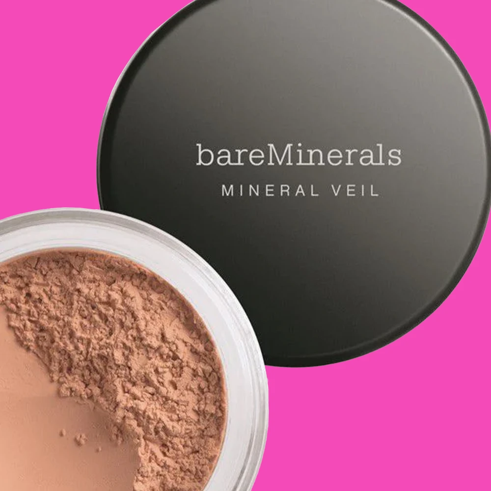 genväg till puder, rosa bakgrund, bild på bareMinerals mineral veil puder