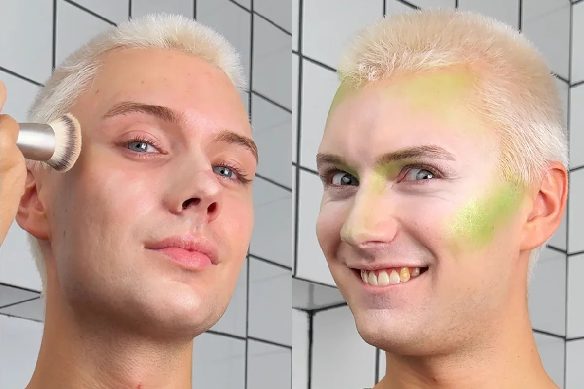 En tutorial som visar steg för steg hur man gör en Halloween-sminkning av Beetlejuice. Bilden visar en person med blonderat hår och en makeup borste nära ansiktet, som applicerar basmakeup. Personen står mot en bakgrund med vita och svarta kakelplattor.