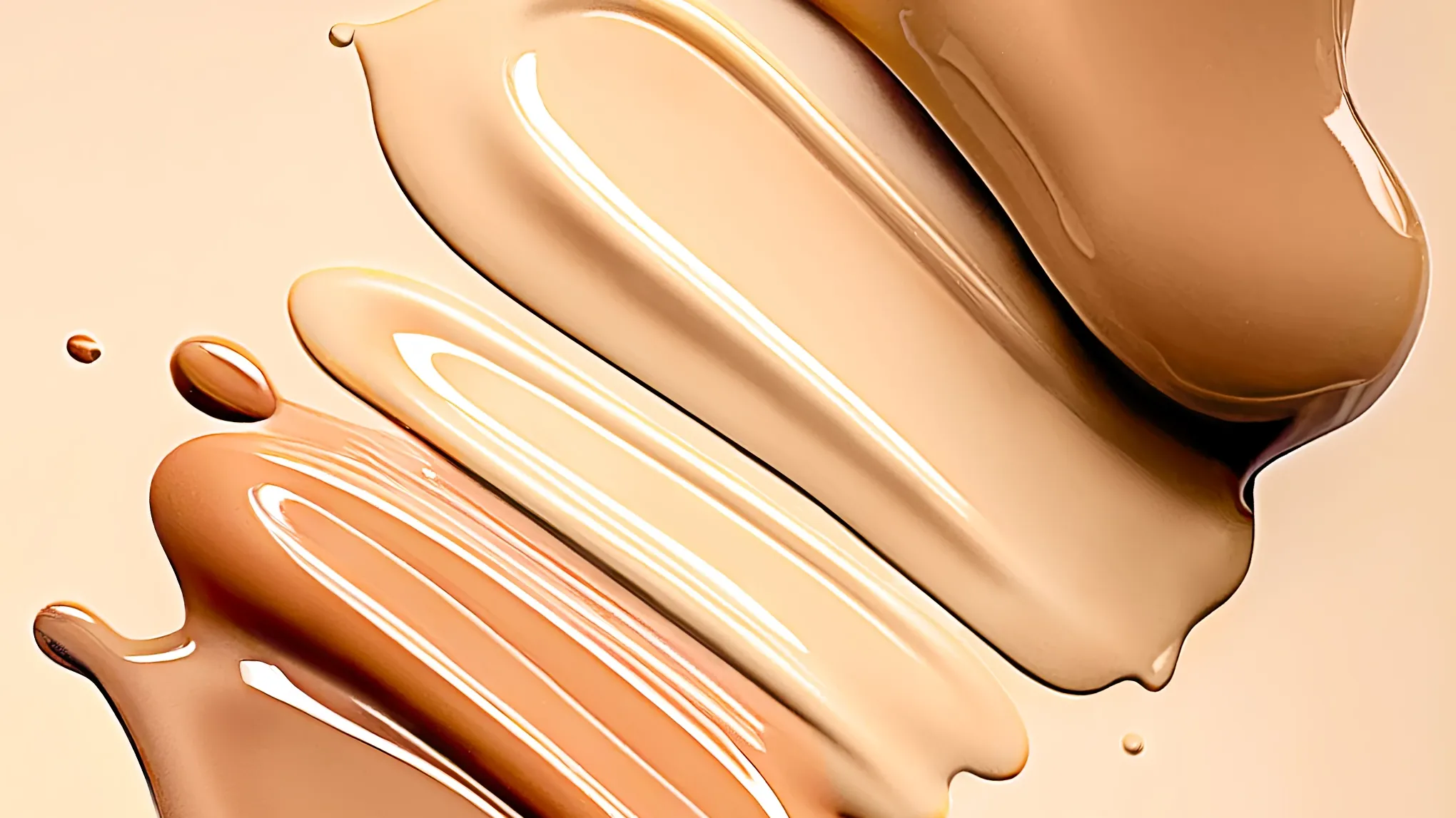 Foundation i brune nyanser, spredd utover et beige underlag.
