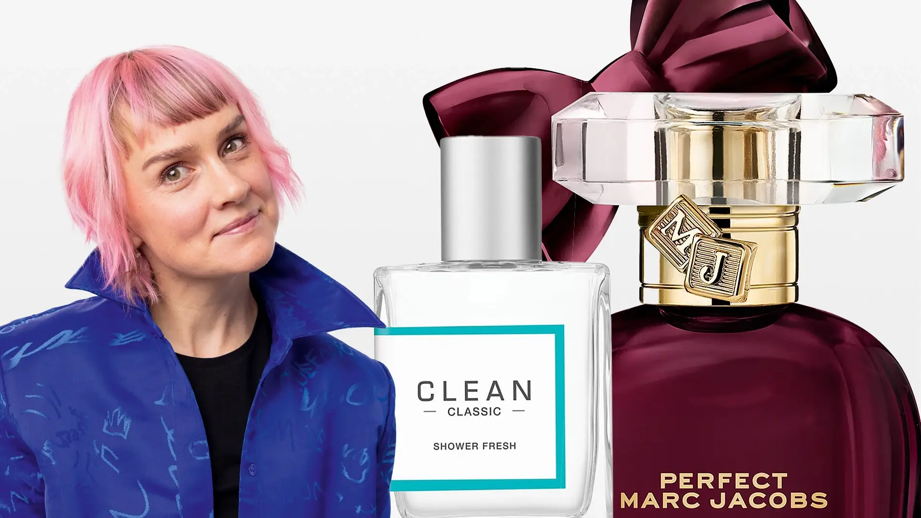 Pinkkitukkainen henkilö, Clean Classic Shower Fresh ja Perfect Marc Jacobs -hajuvedet. Toisessa tummanpunainen rusetti.