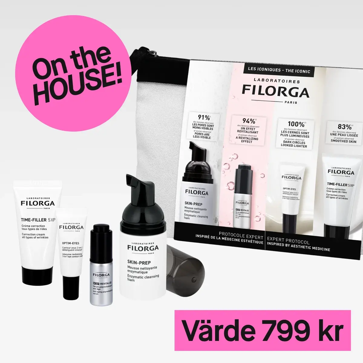 Filorga hudvårdsset med Time-Filler 5XP, Skin-Prep skum och Optim-Eyes. Text: 'On the HOUSE! Värde 799 kr'.