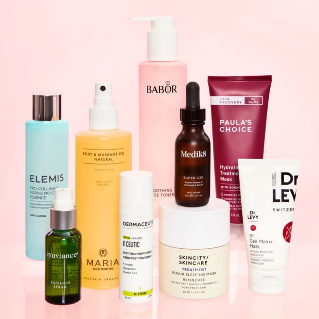 Kokoelma ihonhoitotuotteita, mukaan lukien Elemis Pro-Collagen Marine Moisture Essence, Maria Åkerberg Body & Massage Oil, Babor Soothing Rose Toner, Medik8 Super C30, Paula's Choice Hydrating Treatment Mask, Exuviance Radiance Serum, Dermaceutic K Ceutic, Skincity Skincare Repair Sleeping Mask ja Dr. Levy Cell Matrix Mask.
