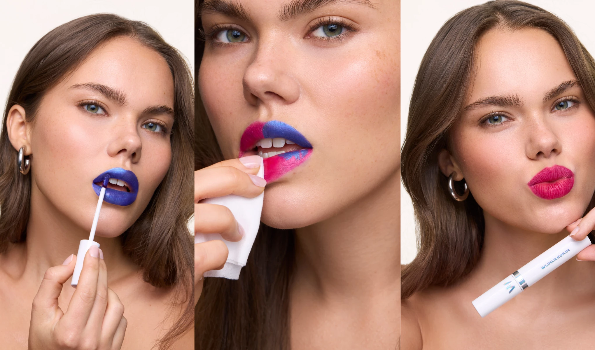 Tre bilder ved siden av hverandre viser en kvinne med brunt hår mot hvit bakgrunn – hun påfører en blå leppestift, tørker den av og poserer deretter med intens rød leppestift og et hvitt produkt fra Wonderskin.