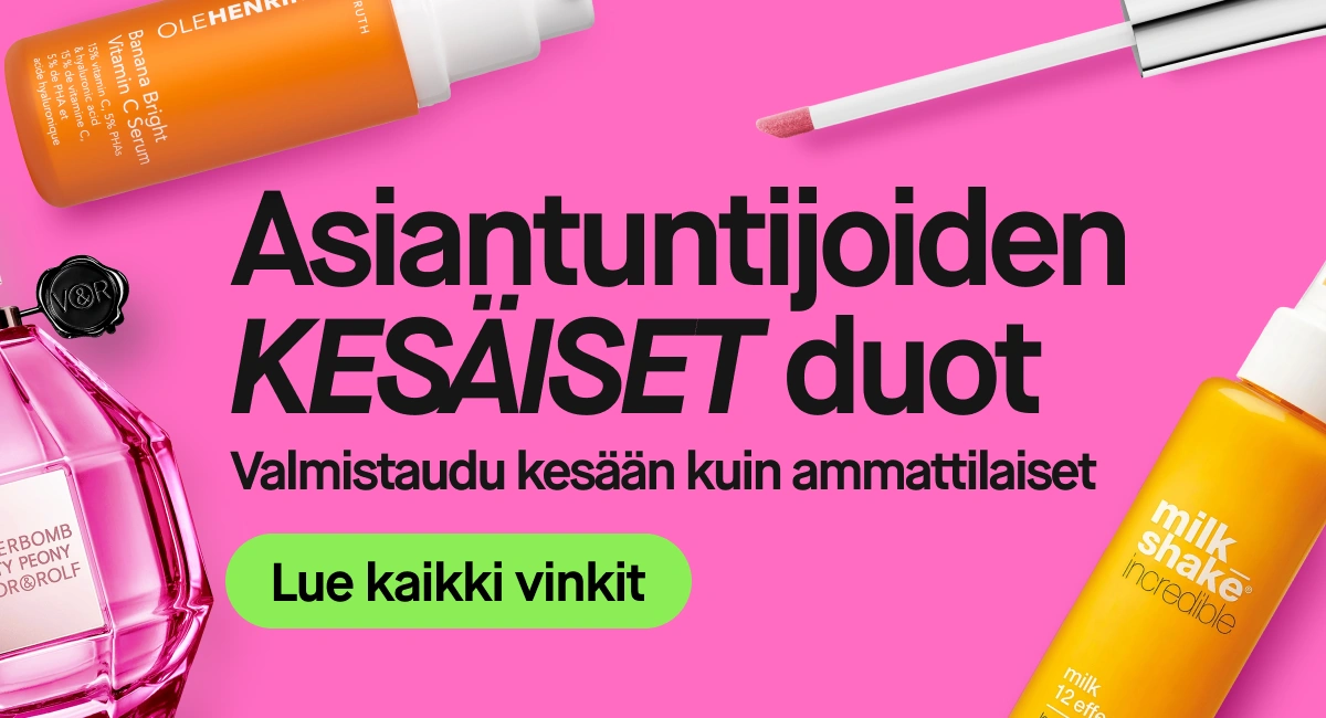 Vaaleanpunainen kampanjabanneri, jossa teksti “Beauty expert SUMMER duos” ja “Preppa som proffsen inför sommaren” sekä vihreä painike “Läs alla hacks”. Kuvassa näkyy Ole Henriksen -seerumi, milk_shake-hiustenhoitotuote ja Viktor&Rolf-hajuvesi.
