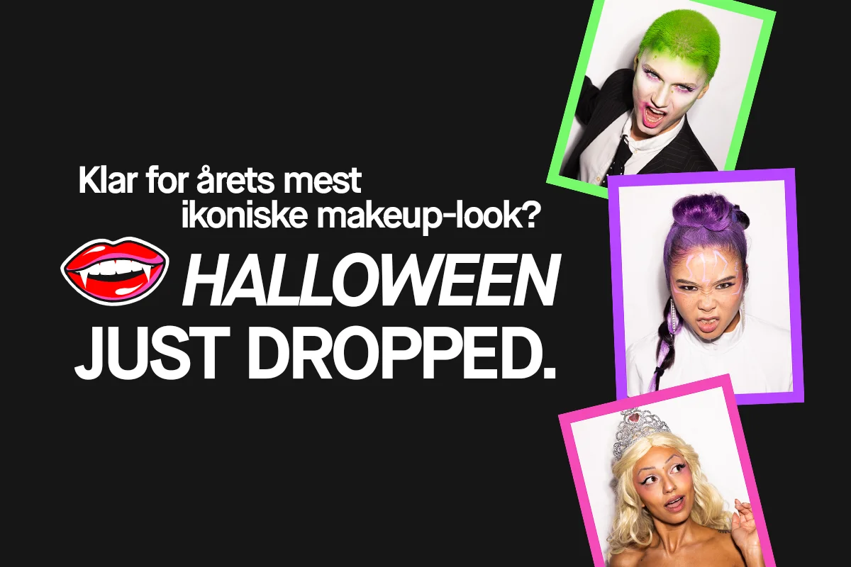 Tre personer kledd i Halloween-kostymer. Til venstre: en person med grønt hår og svart dress. I midten: en person med lilla hår og hvit skjorte. Til høyre: en person med blond parykk, rosa kjole og tiara.
