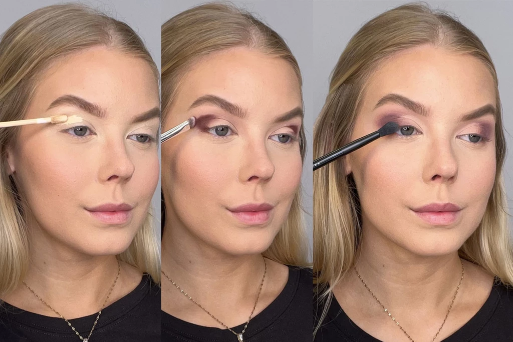 En steg-för-steg-handledning för ögonskugga som visar en kvinna som applicerar primer, lägger mörk ögonskugga i yttre hörnet och blandar ut den för en sömlös look.