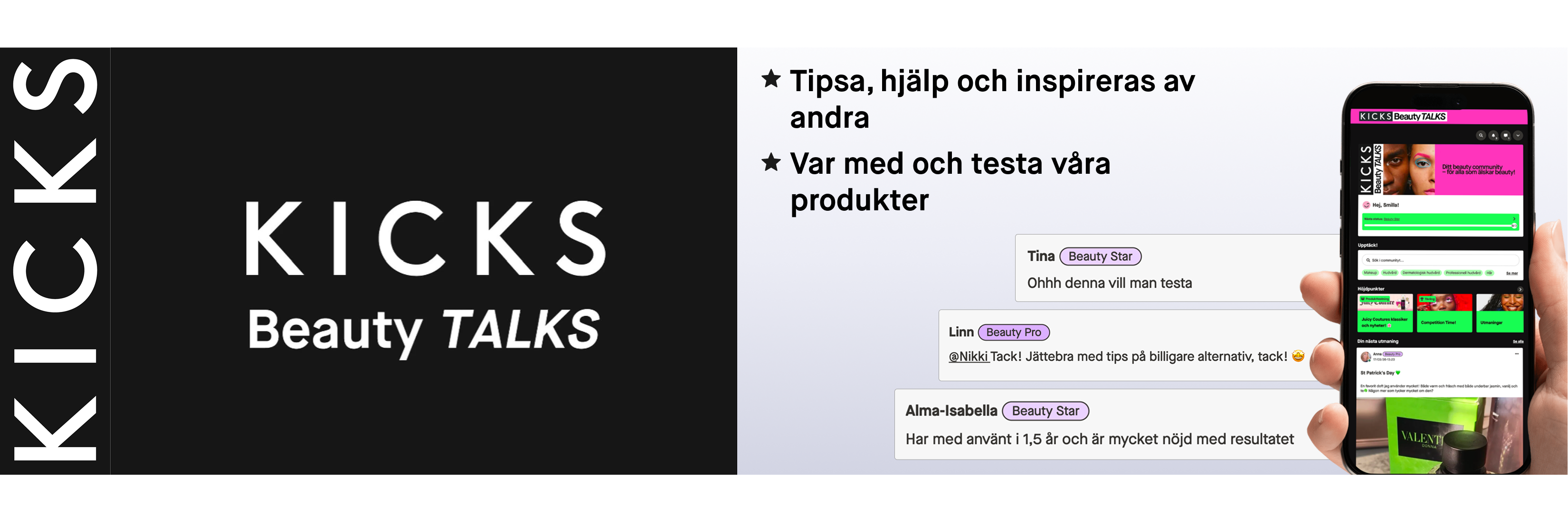 En person håller KICKS Magazine. Texten beskriver magasinet med skönhetstrender, guider, nya favoriter, varuprover och inspiration för Gold-medlemmar.