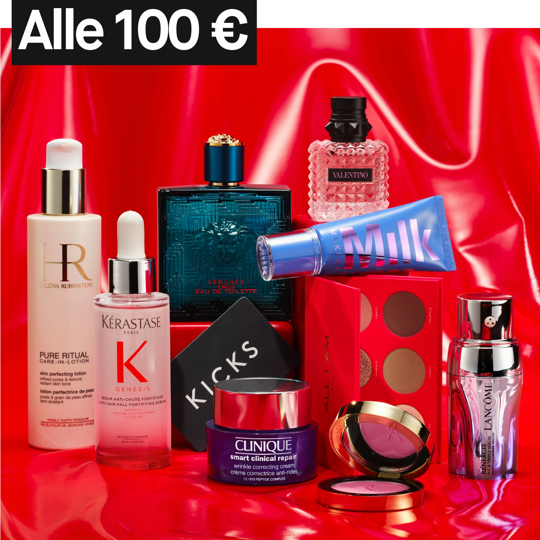 Tuotteita punaista taustaa vasten tekstillä "alle 100 €"