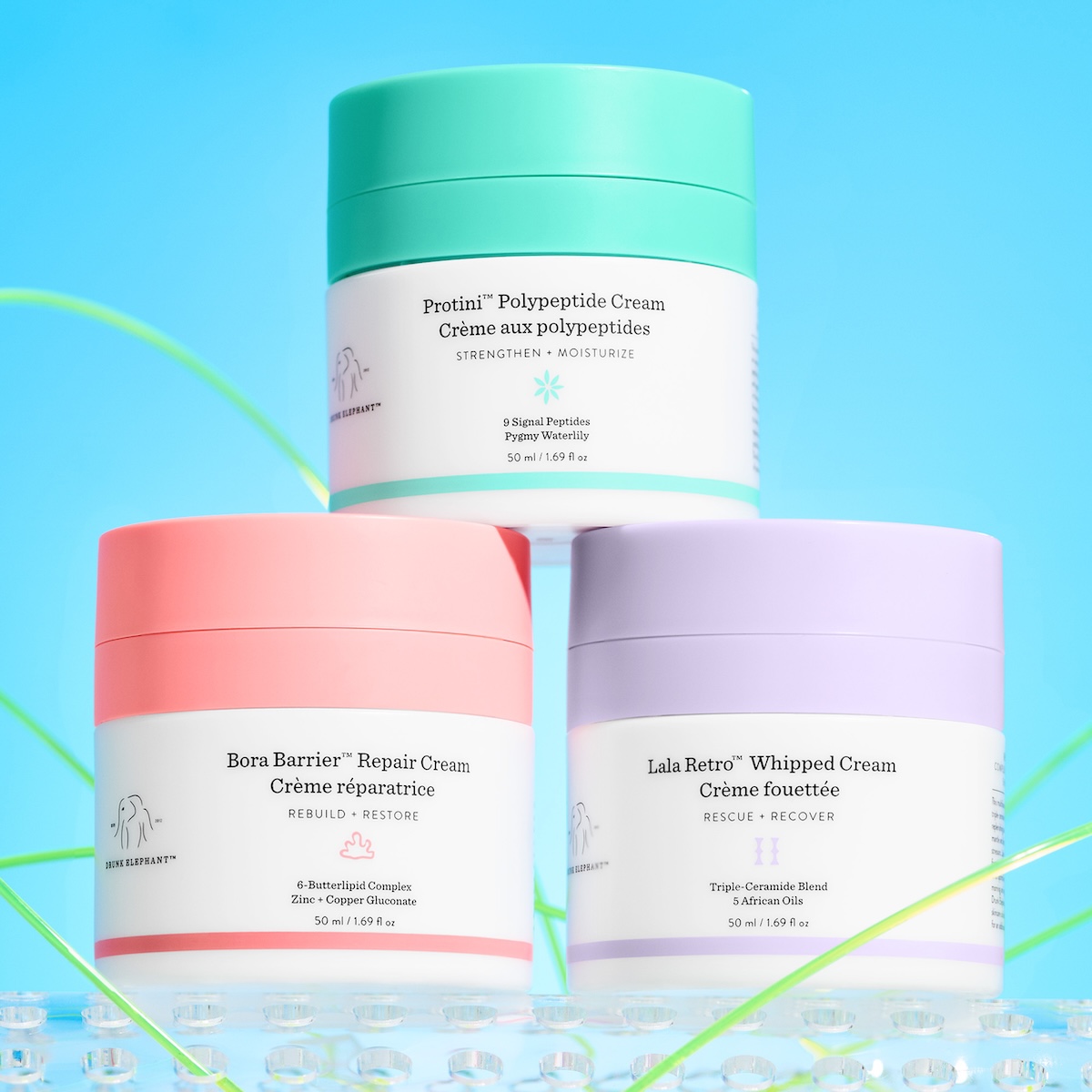 Kolme Drunk Elephant -voidetta: "Protini Polypeptide Cream", "Bora Barrier Repair Cream", "Lala Retro Whipped Cream".