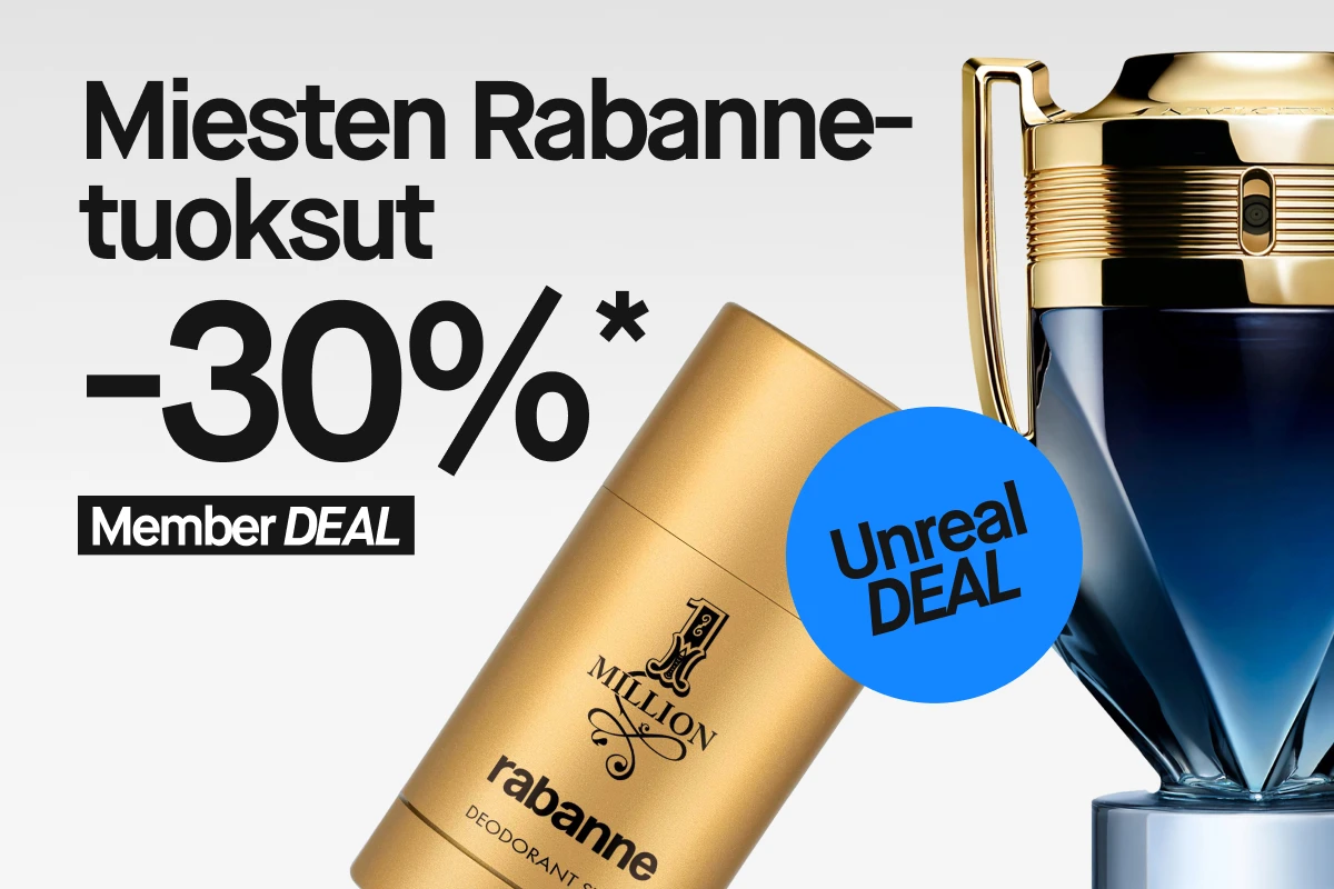 Rabanne-miesten tuoksu, jossa kolme tuotetta: sininen pokaalin muotoinen hajuvesipullo, hopeanvärinen hajuvesipullo ja kullanvärinen deodoranttitikku. Kuvassa teksti: “Rabanne herrdoft 30%* Member DEAL” sekä sininen ympyrä, jossa teksti “Unreal DEAL”.